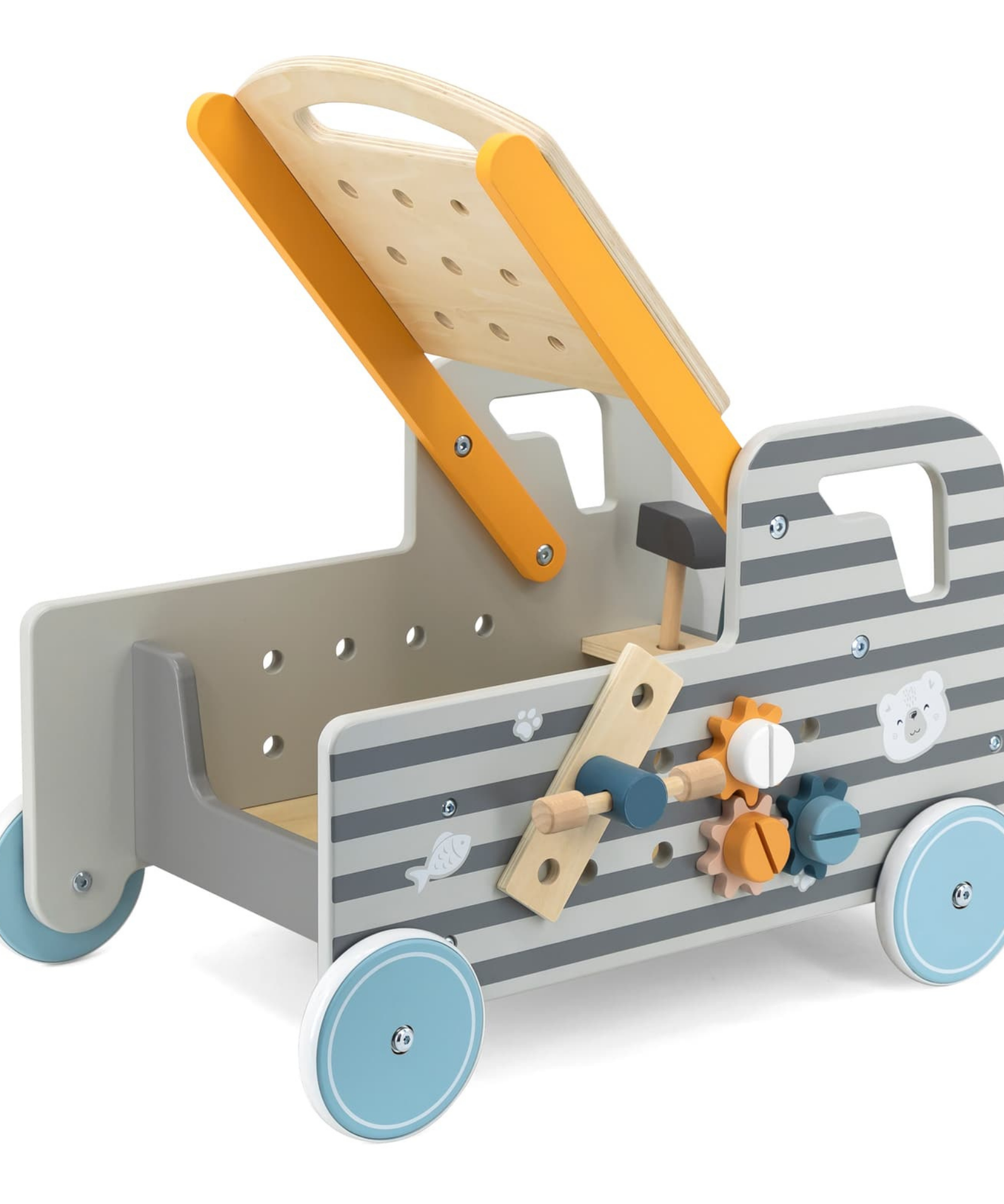 VIGA Wooden Truck Tool Bench, 2-in-1 Walker and Movable Tool Station with Accessories, Educational Construction and Role Play Toy for Kids 18 Months+