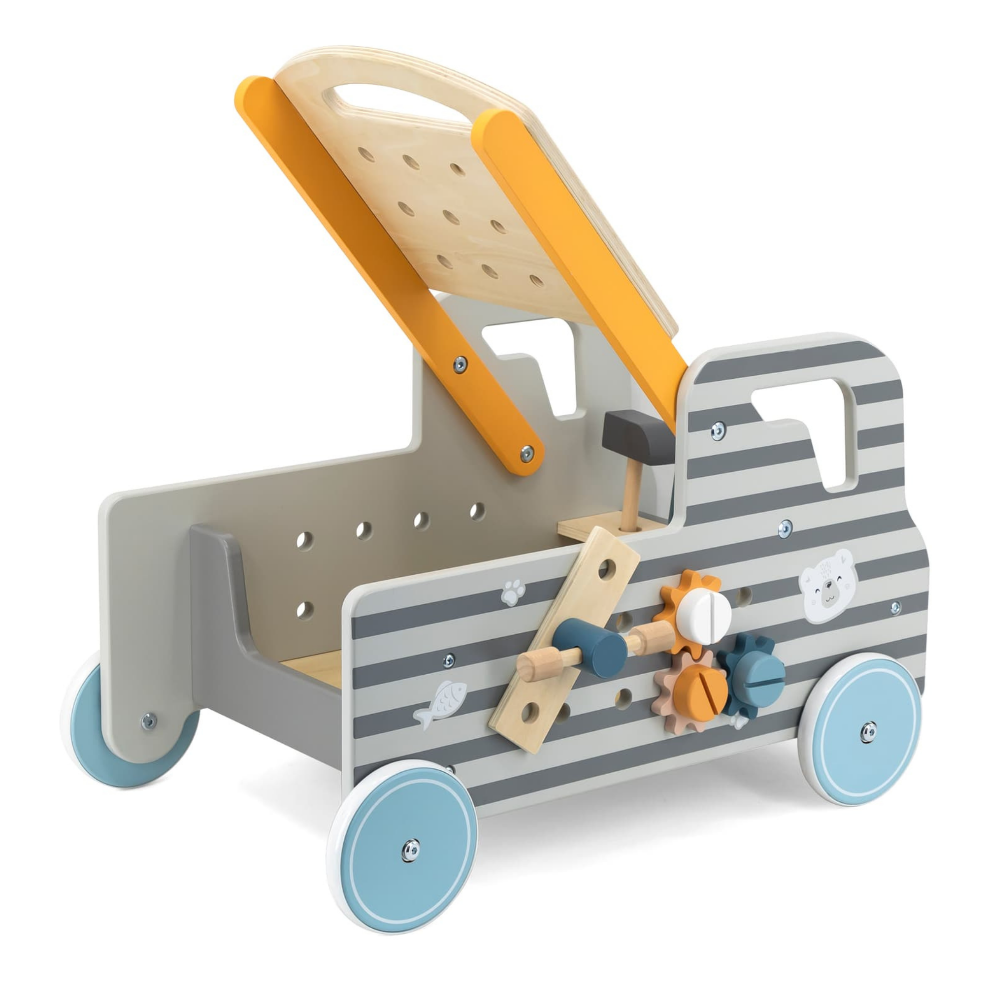 VIGA Wooden Truck Tool Bench, 2-in-1 Walker and Movable Tool Station with Accessories, Educational Construction and Role Play Toy for Kids 18 Months+