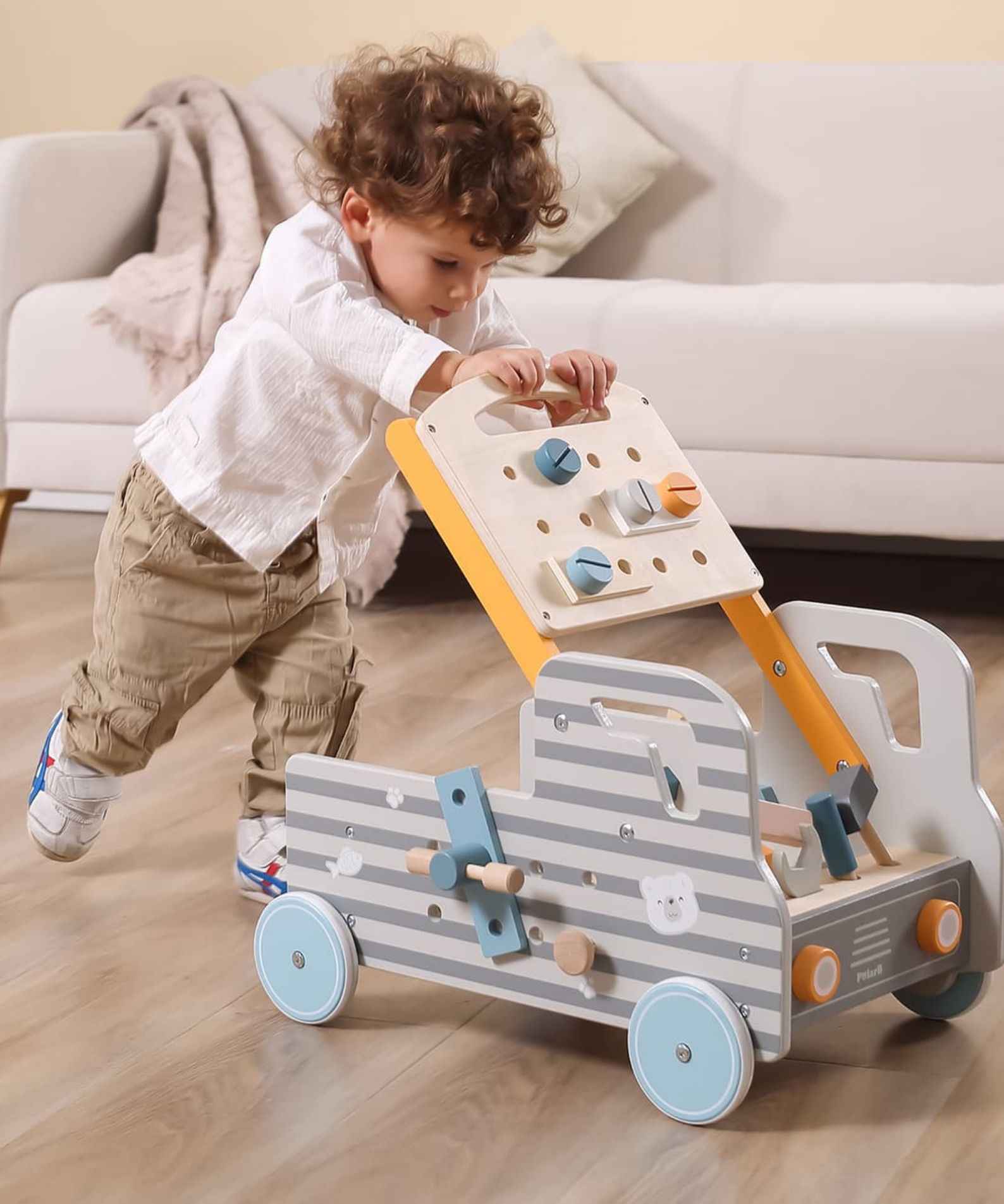 VIGA Wooden Truck Tool Bench, 2-in-1 Walker and Movable Tool Station with Accessories, Educational Construction and Role Play Toy for Kids 18 Months+