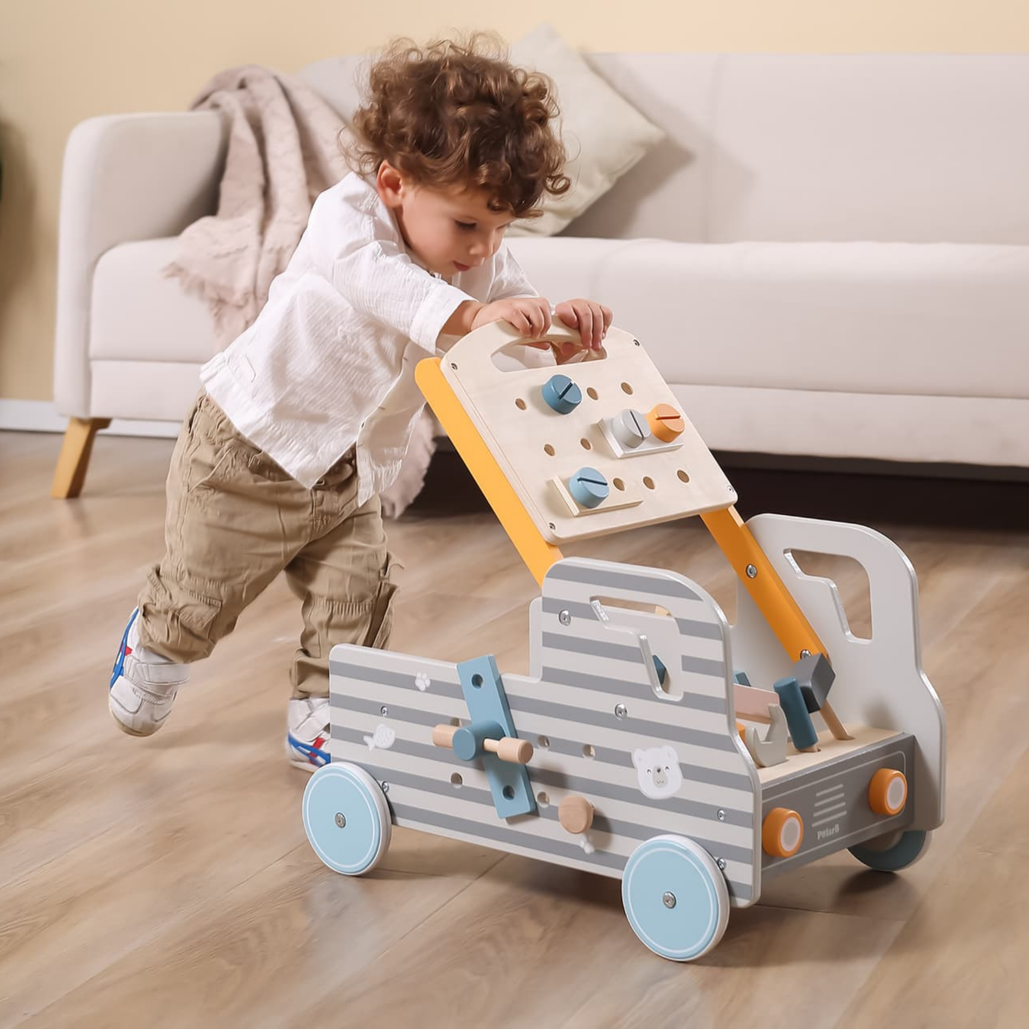 VIGA Wooden Truck Tool Bench, 2-in-1 Walker and Movable Tool Station with Accessories, Educational Construction and Role Play Toy for Kids 18 Months+