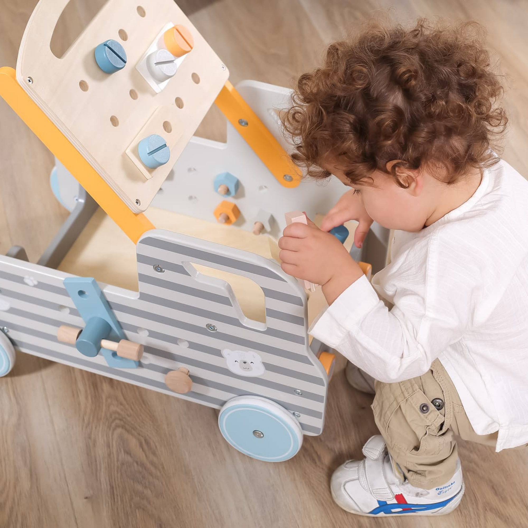 VIGA Wooden Truck Tool Bench, 2-in-1 Walker and Movable Tool Station with Accessories, Educational Construction and Role Play Toy for Kids 18 Months+