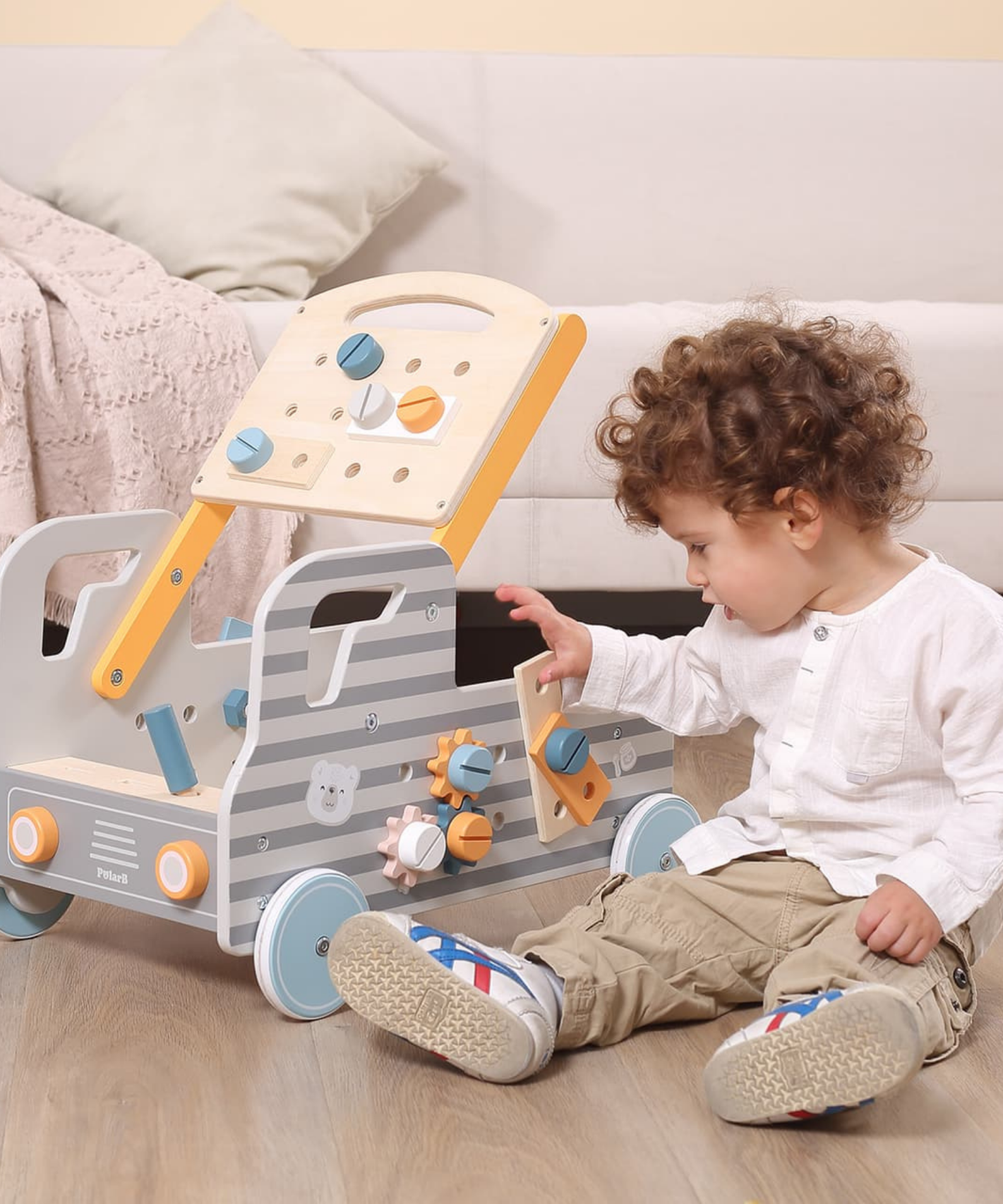 VIGA Wooden Truck Tool Bench, 2-in-1 Walker and Movable Tool Station with Accessories, Educational Construction and Role Play Toy for Kids 18 Months+