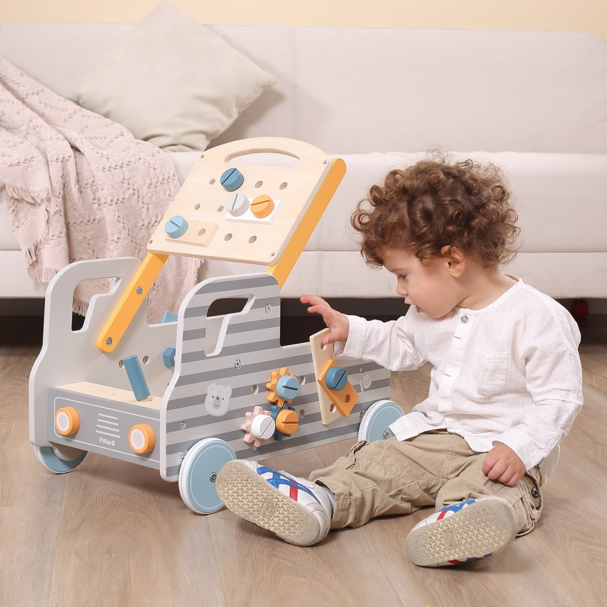 VIGA Wooden Truck Tool Bench, 2-in-1 Walker and Movable Tool Station with Accessories, Educational Construction and Role Play Toy for Kids 18 Months+