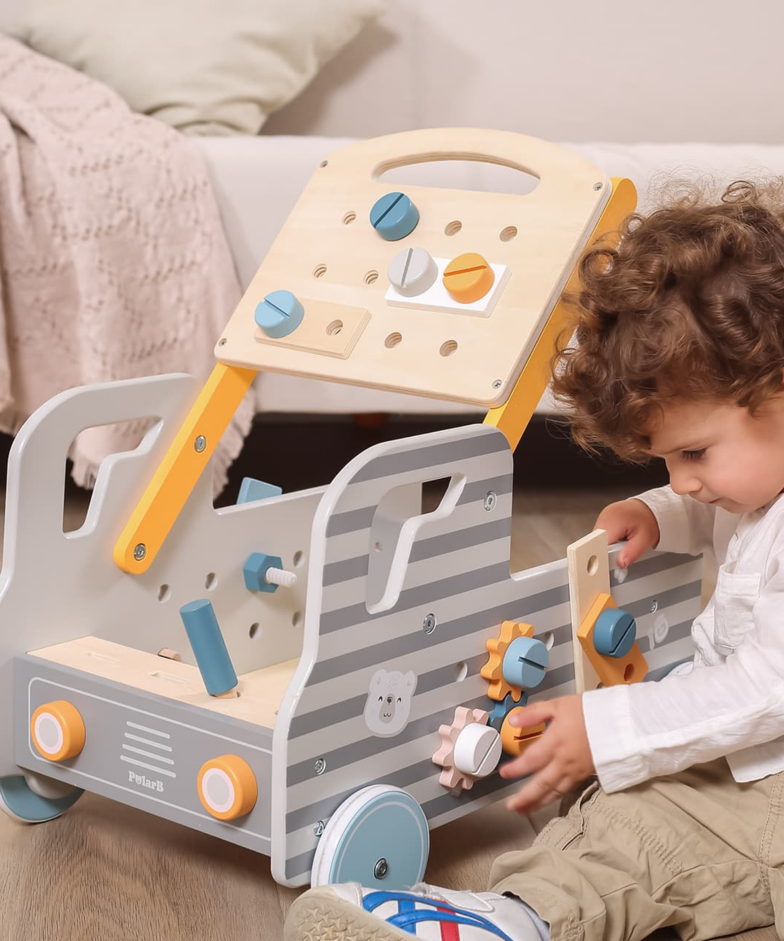 VIGA Wooden Truck Tool Bench, 2-in-1 Walker and Movable Tool Station with Accessories, Educational Construction and Role Play Toy for Kids 18 Months+