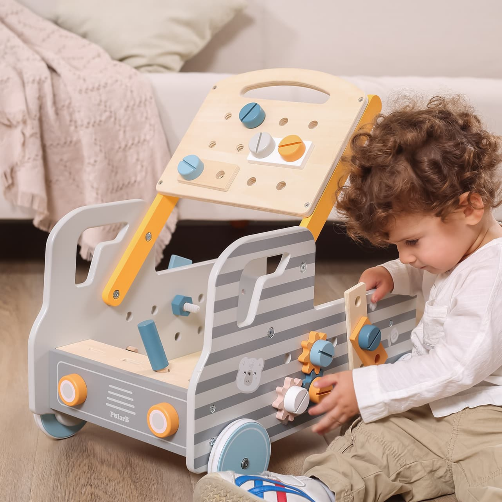VIGA Wooden Truck Tool Bench, 2-in-1 Walker and Movable Tool Station with Accessories, Educational Construction and Role Play Toy for Kids 18 Months+
