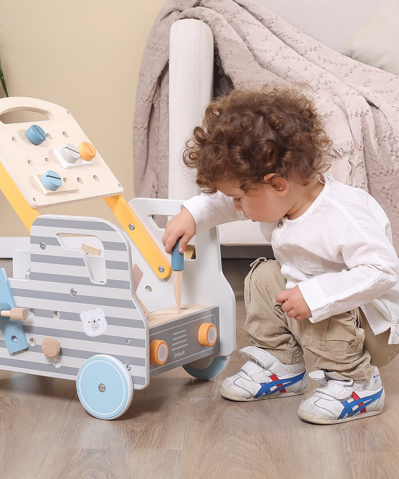 VIGA Wooden Truck Tool Bench, 2-in-1 Walker and Movable Tool Station with Accessories, Educational Construction and Role Play Toy for Kids 18 Months+