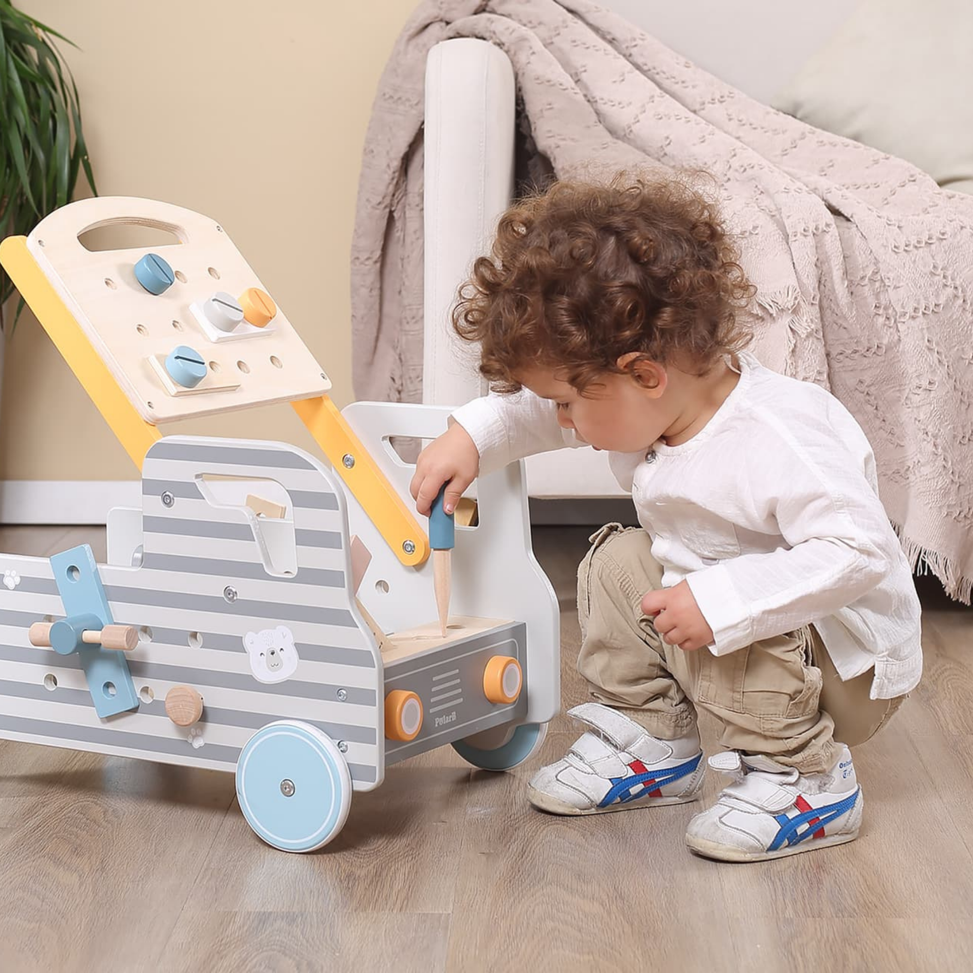 VIGA Wooden Truck Tool Bench, 2-in-1 Walker and Movable Tool Station with Accessories, Educational Construction and Role Play Toy for Kids 18 Months+