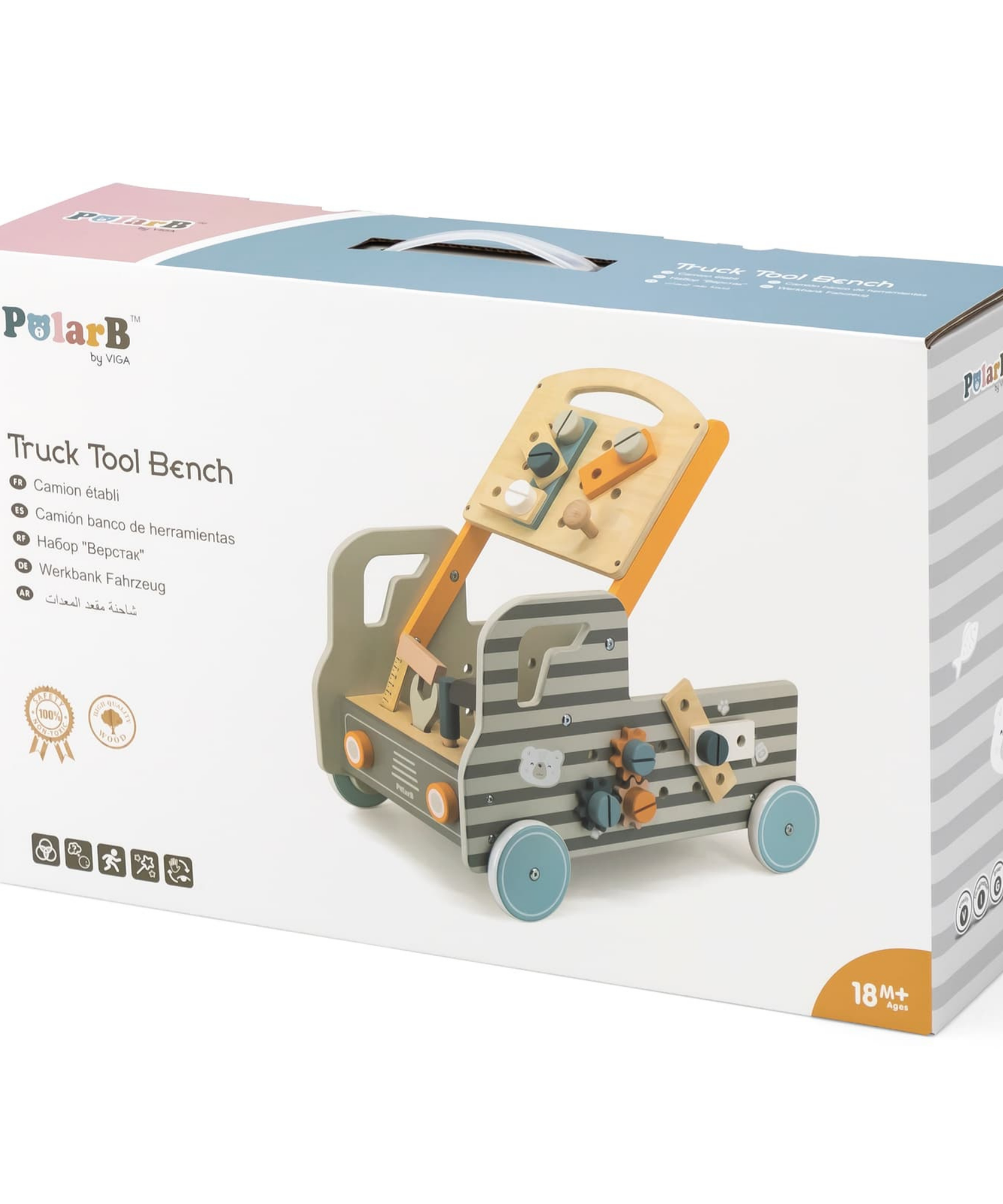 VIGA Wooden Truck Tool Bench, 2-in-1 Walker and Movable Tool Station with Accessories, Educational Construction and Role Play Toy for Kids 18 Months+