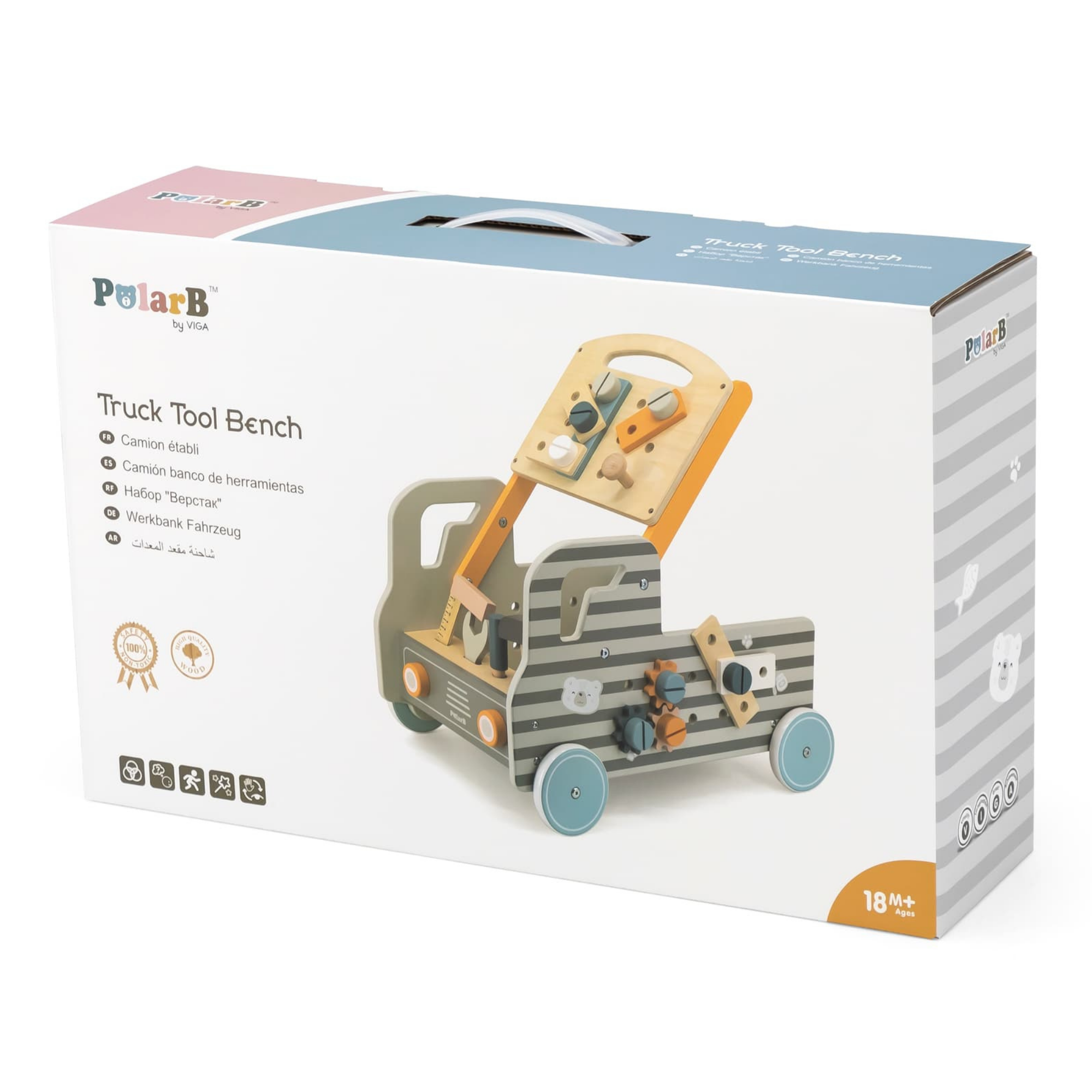 VIGA Wooden Truck Tool Bench, 2-in-1 Walker and Movable Tool Station with Accessories, Educational Construction and Role Play Toy for Kids 18 Months+