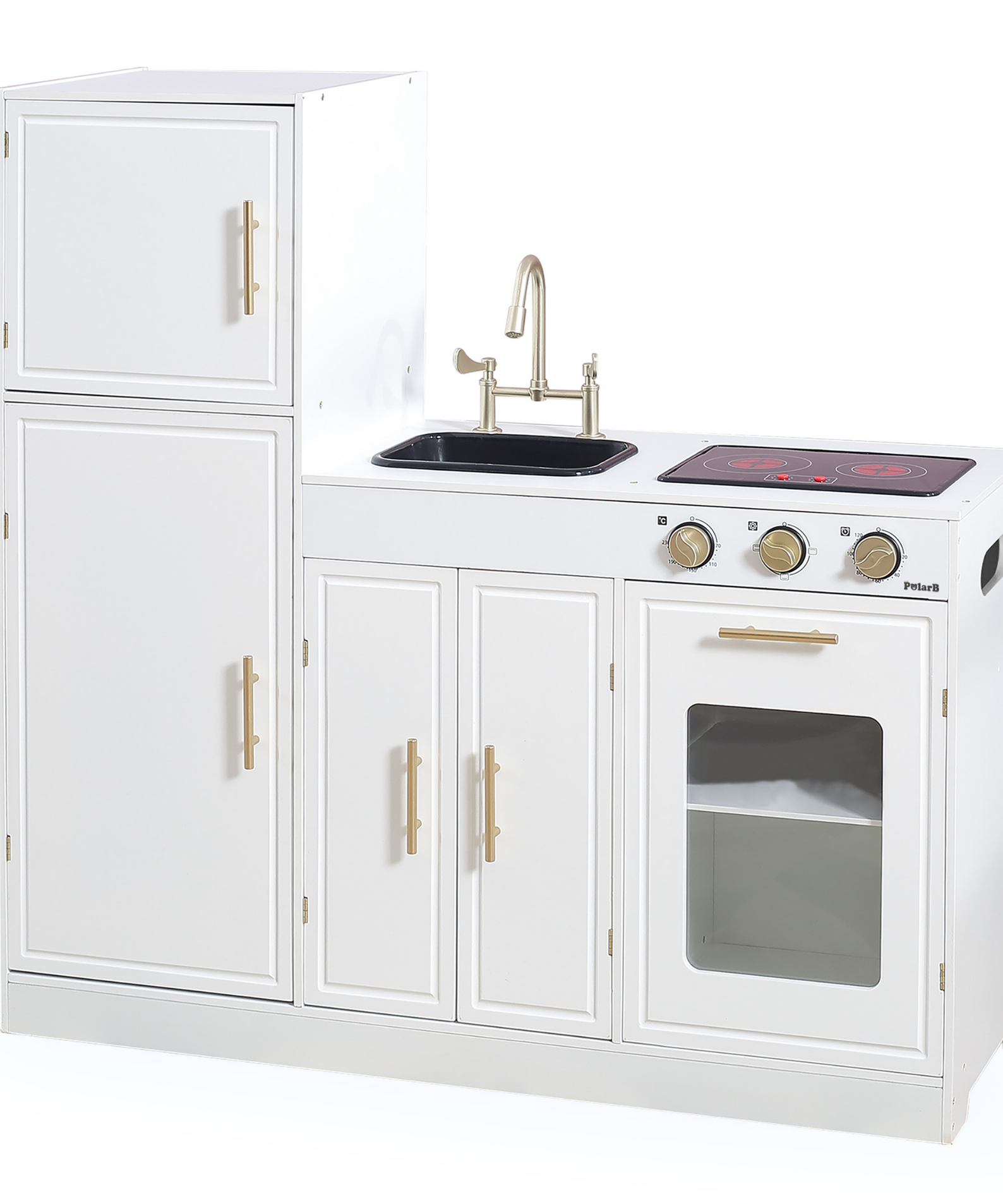 PolarB Modern Nordic Style Kitchen Playset with Light and Sound, Wooden Role Play Kitchen for Kids, Includes Refrigerator, Oven, Sink, Stove and Storage Cabinet