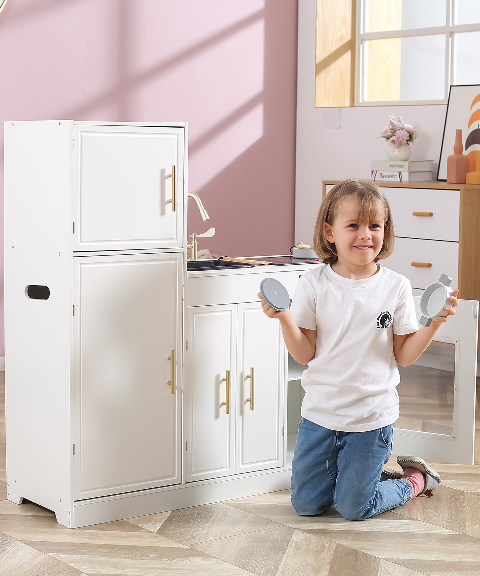 PolarB Modern Nordic Style Kitchen Playset with Light and Sound, Wooden Role Play Kitchen for Kids, Includes Refrigerator, Oven, Sink, Stove and Storage Cabinet