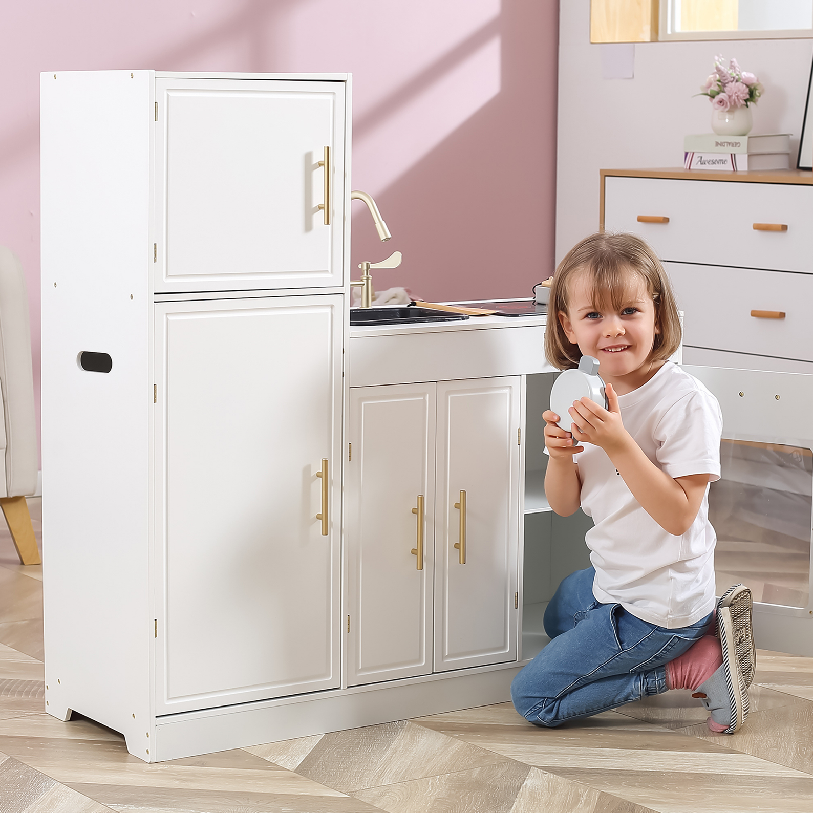 PolarB Modern Nordic Style Kitchen Playset with Light and Sound, Wooden Role Play Kitchen for Kids, Includes Refrigerator, Oven, Sink, Stove and Storage Cabinet