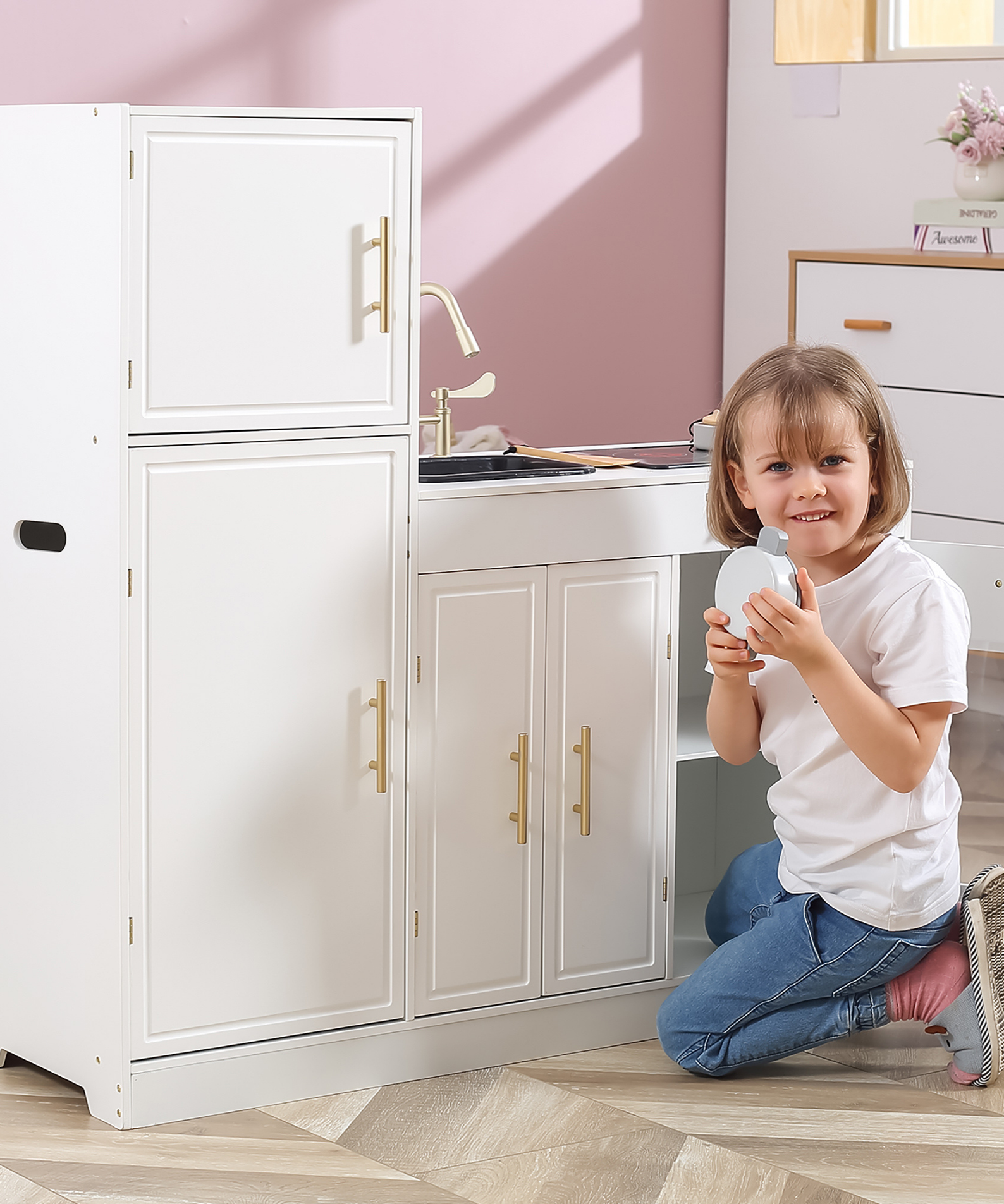 PolarB Modern Nordic Style Kitchen Playset with Light and Sound, Wooden Role Play Kitchen for Kids, Includes Refrigerator, Oven, Sink, Stove and Storage Cabinet