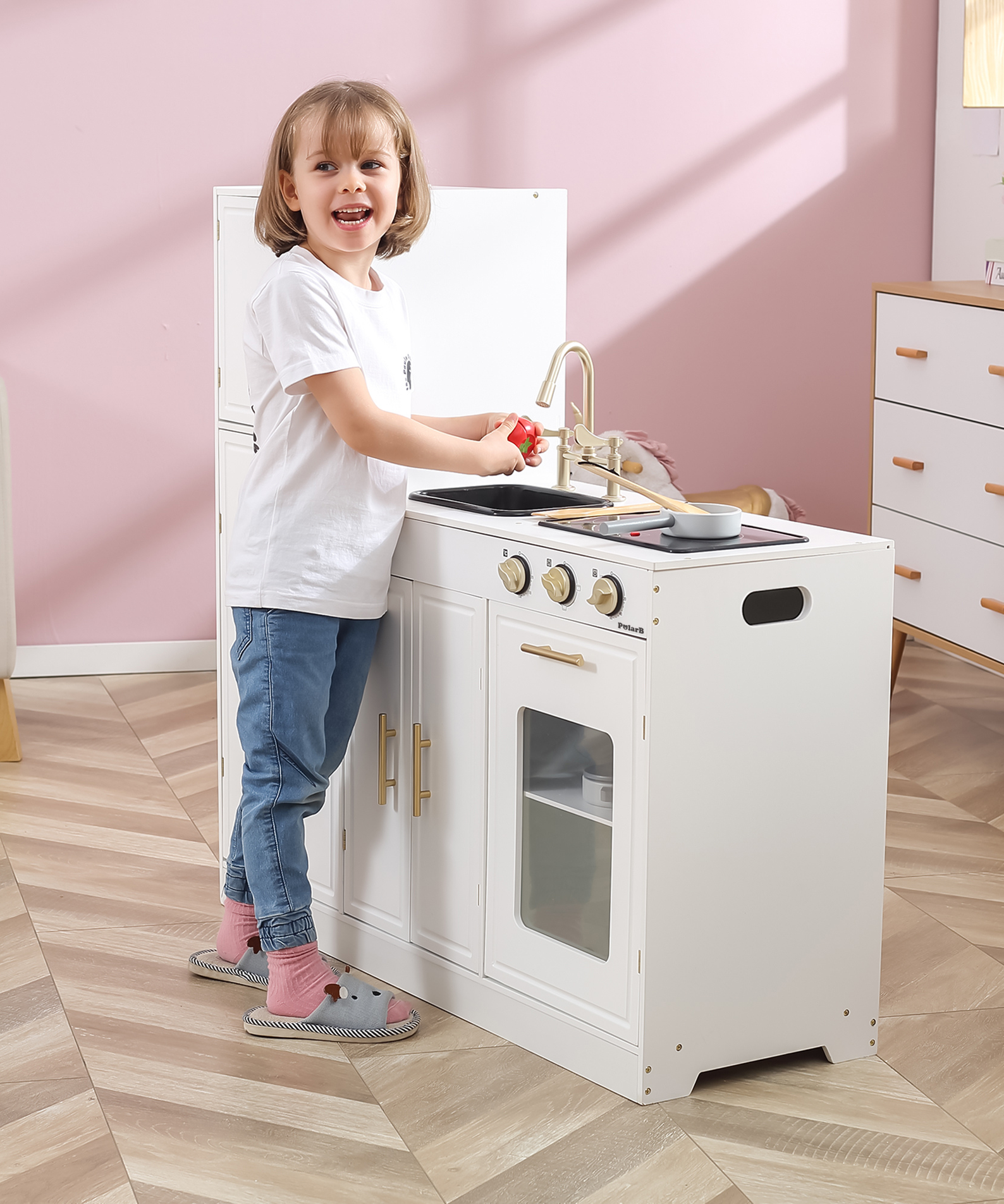 PolarB Modern Nordic Style Kitchen Playset with Light and Sound, Wooden Role Play Kitchen for Kids, Includes Refrigerator, Oven, Sink, Stove and Storage Cabinet