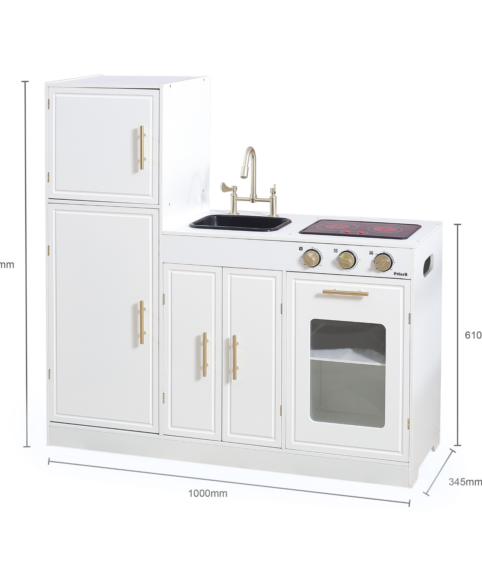 PolarB Modern Nordic Style Kitchen Playset with Light and Sound, Wooden Role Play Kitchen for Kids, Includes Refrigerator, Oven, Sink, Stove and Storage Cabinet