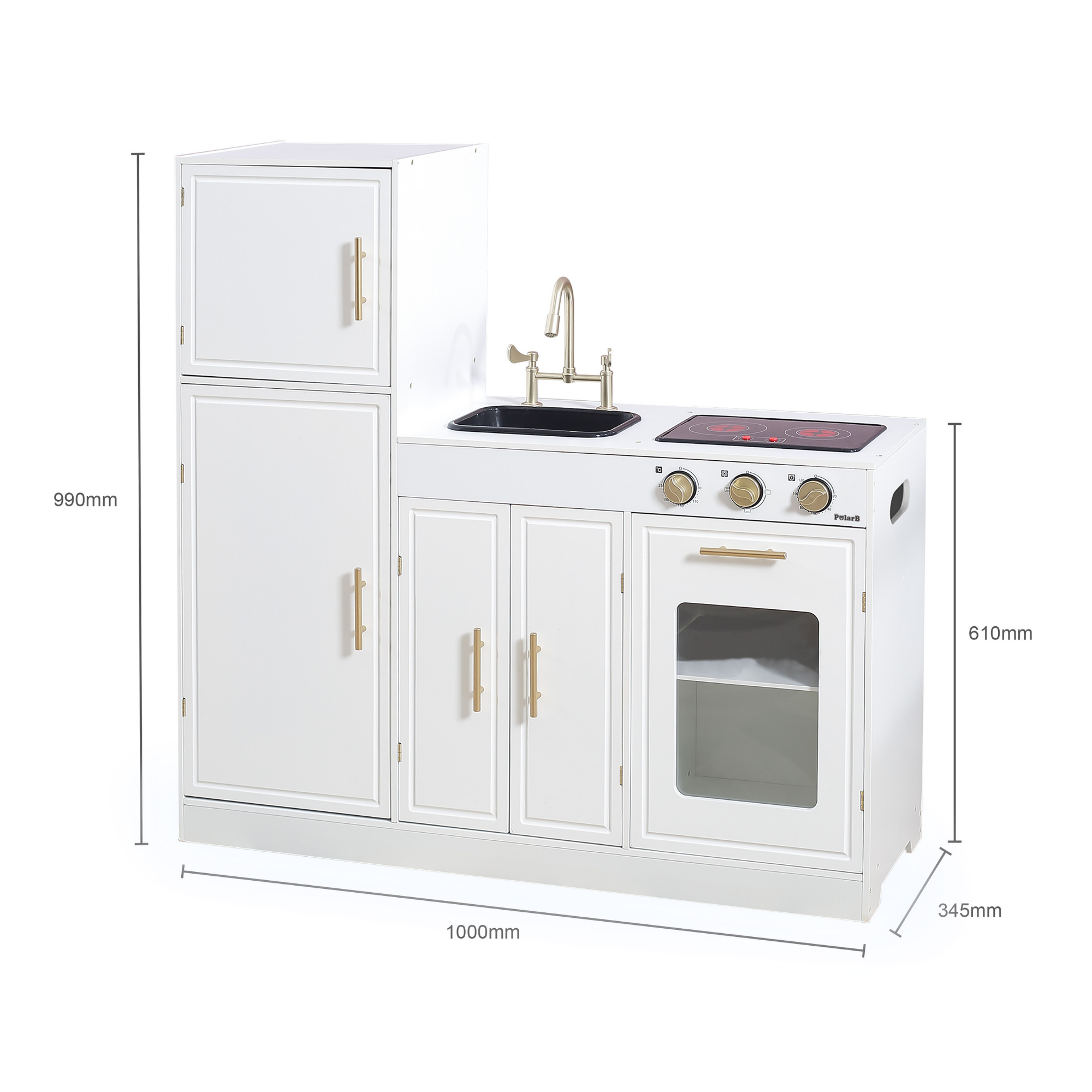 PolarB Modern Nordic Style Kitchen Playset with Light and Sound, Wooden Role Play Kitchen for Kids, Includes Refrigerator, Oven, Sink, Stove and Storage Cabinet