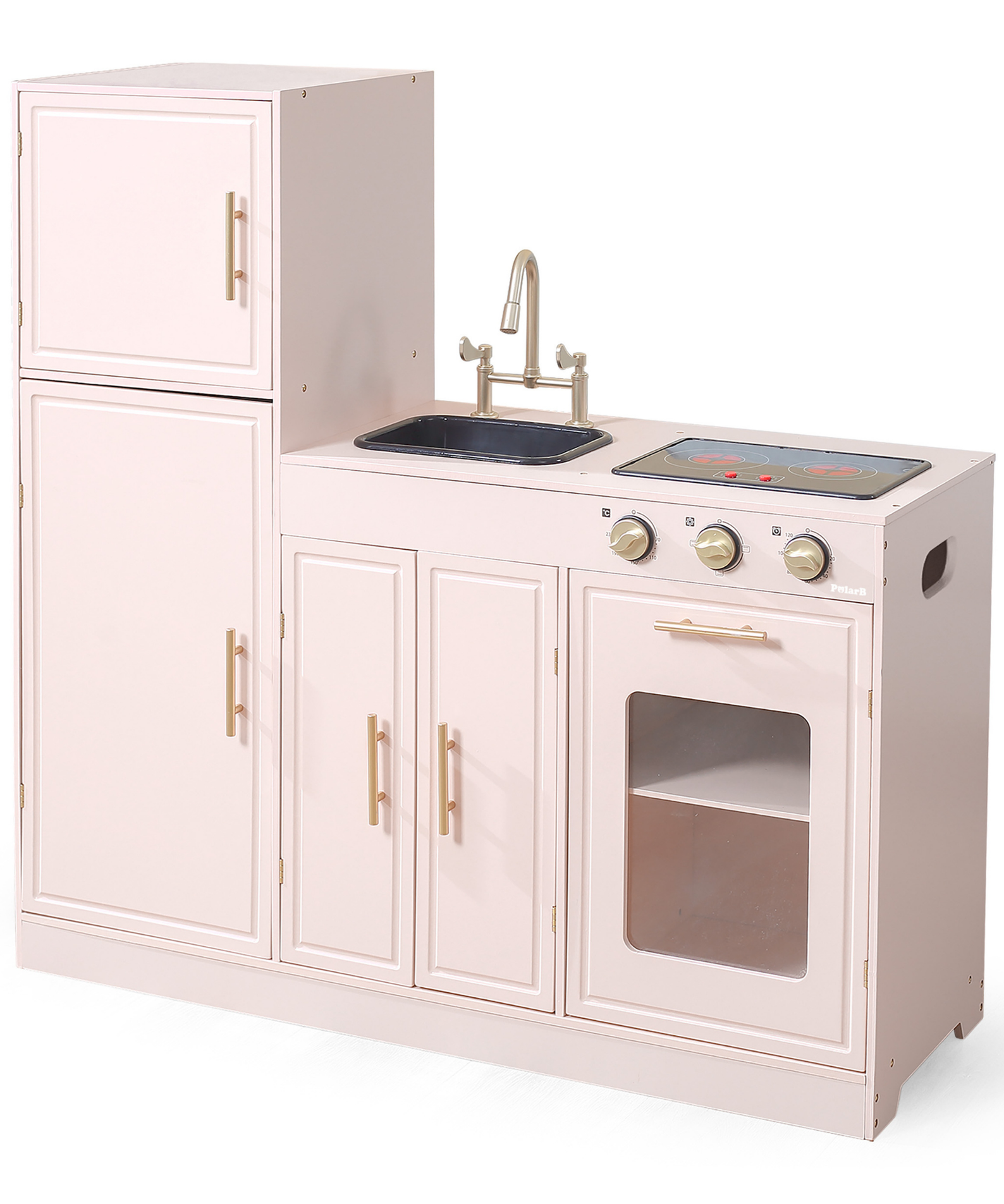 PolarB Scandinavian Style Wooden Play Kitchen with Light and Sound, Includes Refrigerator, Oven, Sink, Stove and Storage Cabinet, Educational Role Play Kitchen for Kids