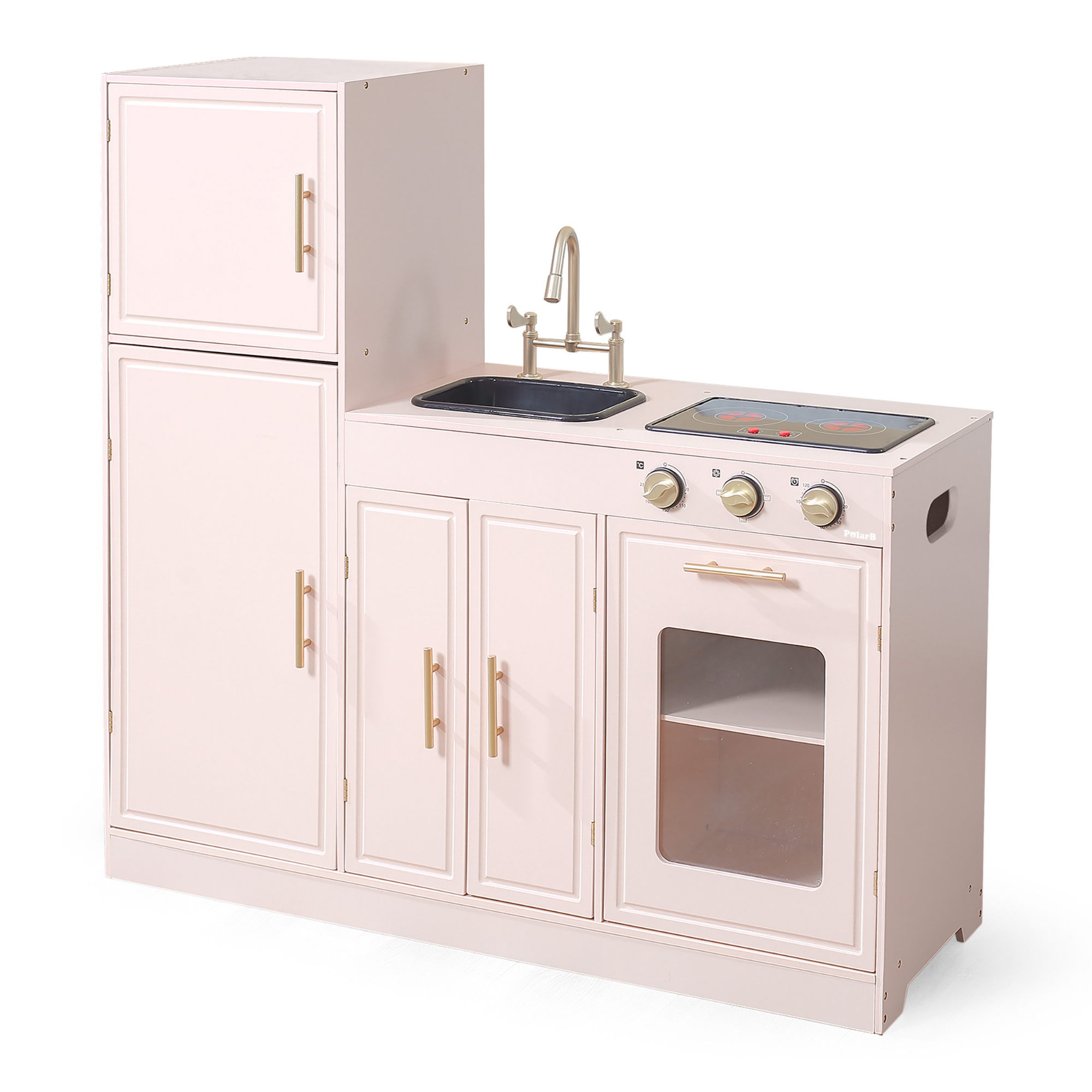 PolarB Scandinavian Style Wooden Play Kitchen with Light and Sound, Includes Refrigerator, Oven, Sink, Stove and Storage Cabinet, Educational Role Play Kitchen for Kids