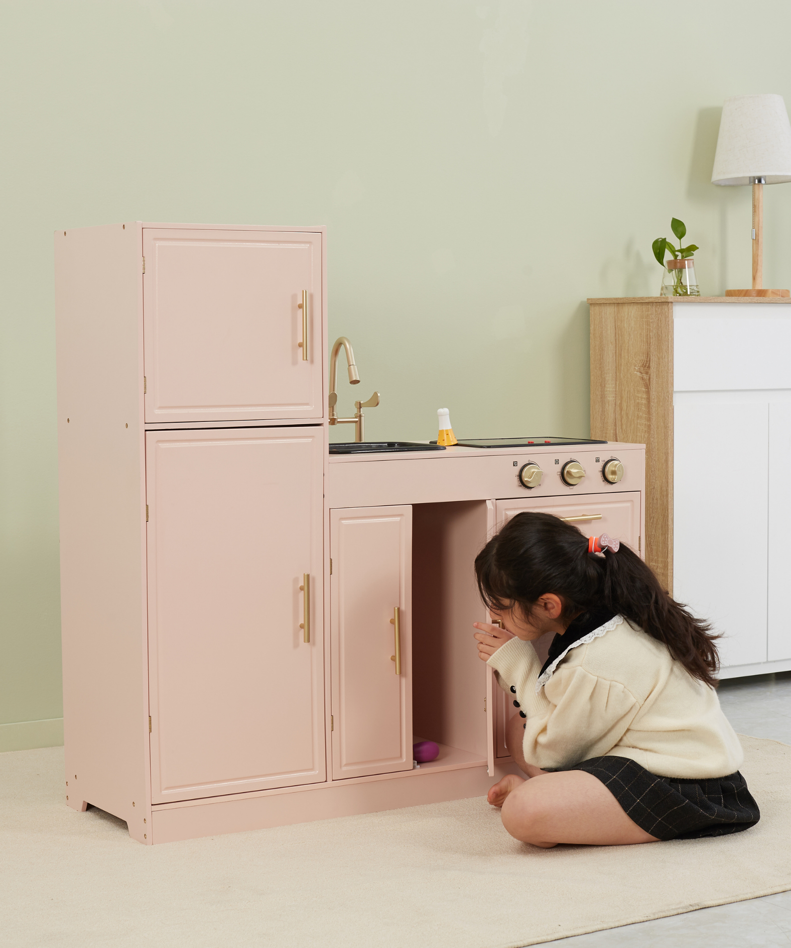 PolarB Scandinavian Style Wooden Play Kitchen with Light and Sound, Includes Refrigerator, Oven, Sink, Stove and Storage Cabinet, Educational Role Play Kitchen for Kids