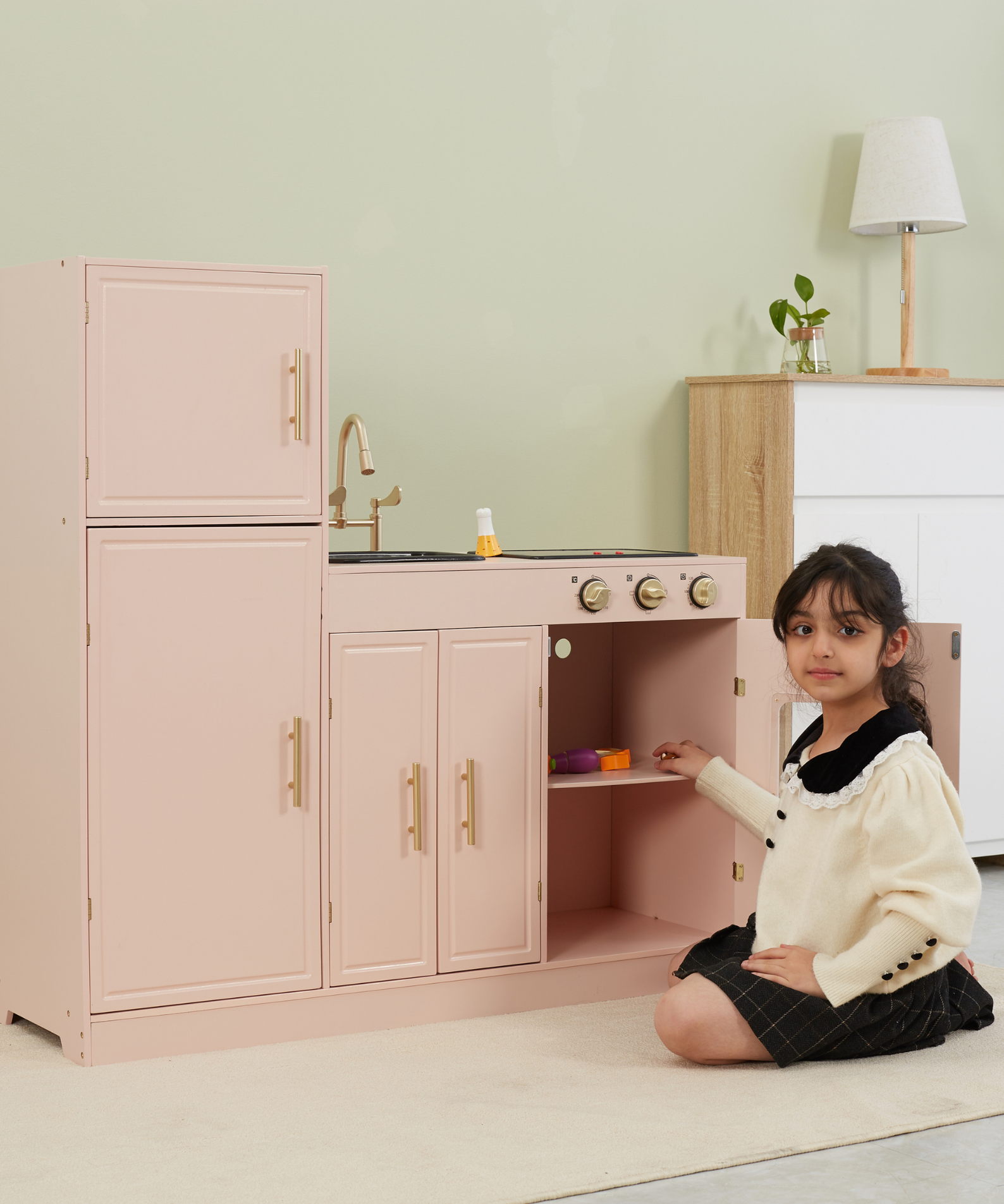 PolarB Scandinavian Style Wooden Play Kitchen with Light and Sound, Includes Refrigerator, Oven, Sink, Stove and Storage Cabinet, Educational Role Play Kitchen for Kids