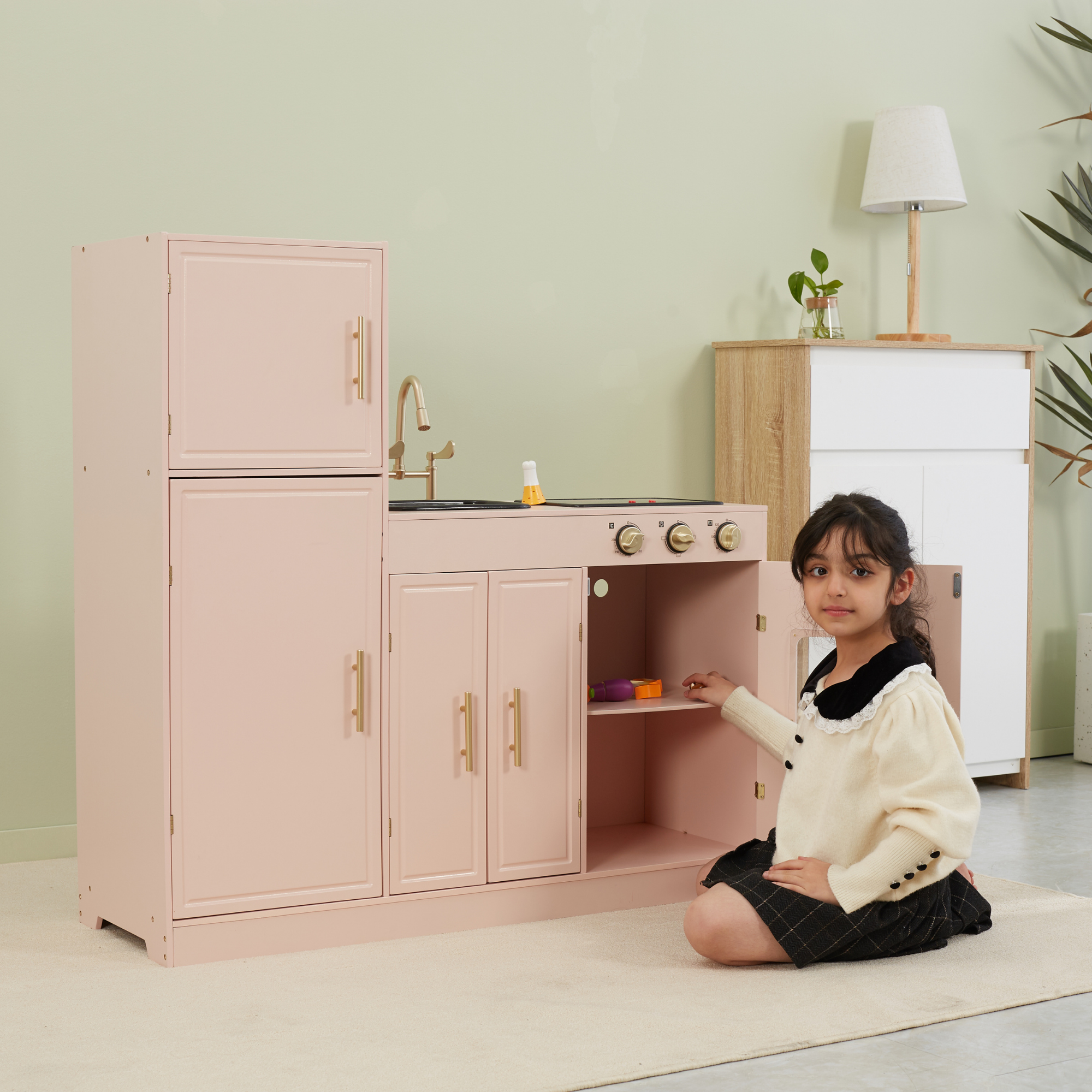 PolarB Scandinavian Style Wooden Play Kitchen with Light and Sound, Includes Refrigerator, Oven, Sink, Stove and Storage Cabinet, Educational Role Play Kitchen for Kids