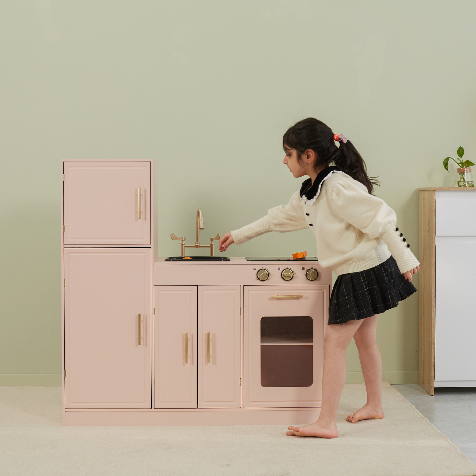 PolarB Scandinavian Style Wooden Play Kitchen with Light and Sound, Includes Refrigerator, Oven, Sink, Stove and Storage Cabinet, Educational Role Play Kitchen for Kids