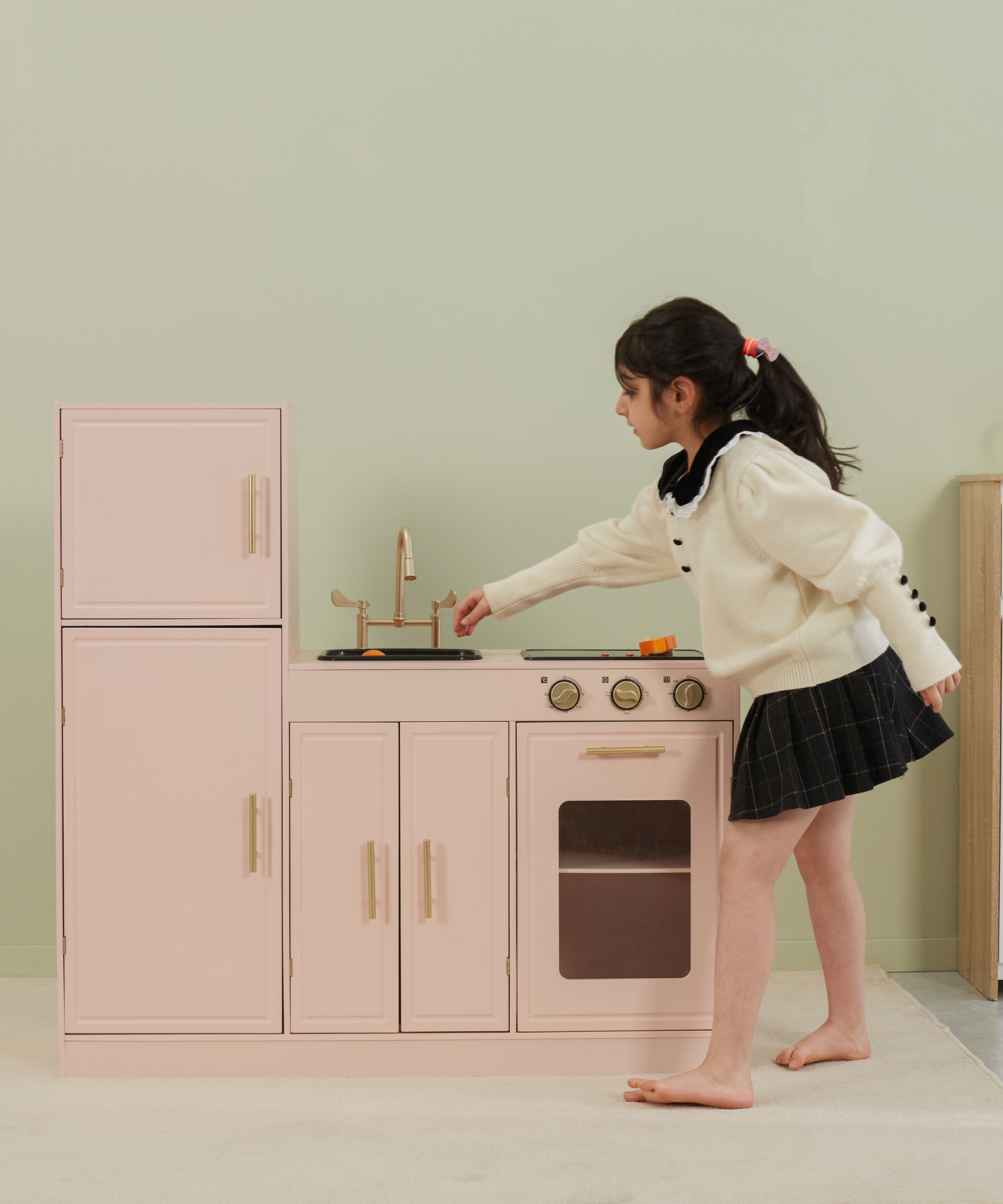 PolarB Scandinavian Style Wooden Play Kitchen with Light and Sound, Includes Refrigerator, Oven, Sink, Stove and Storage Cabinet, Educational Role Play Kitchen for Kids