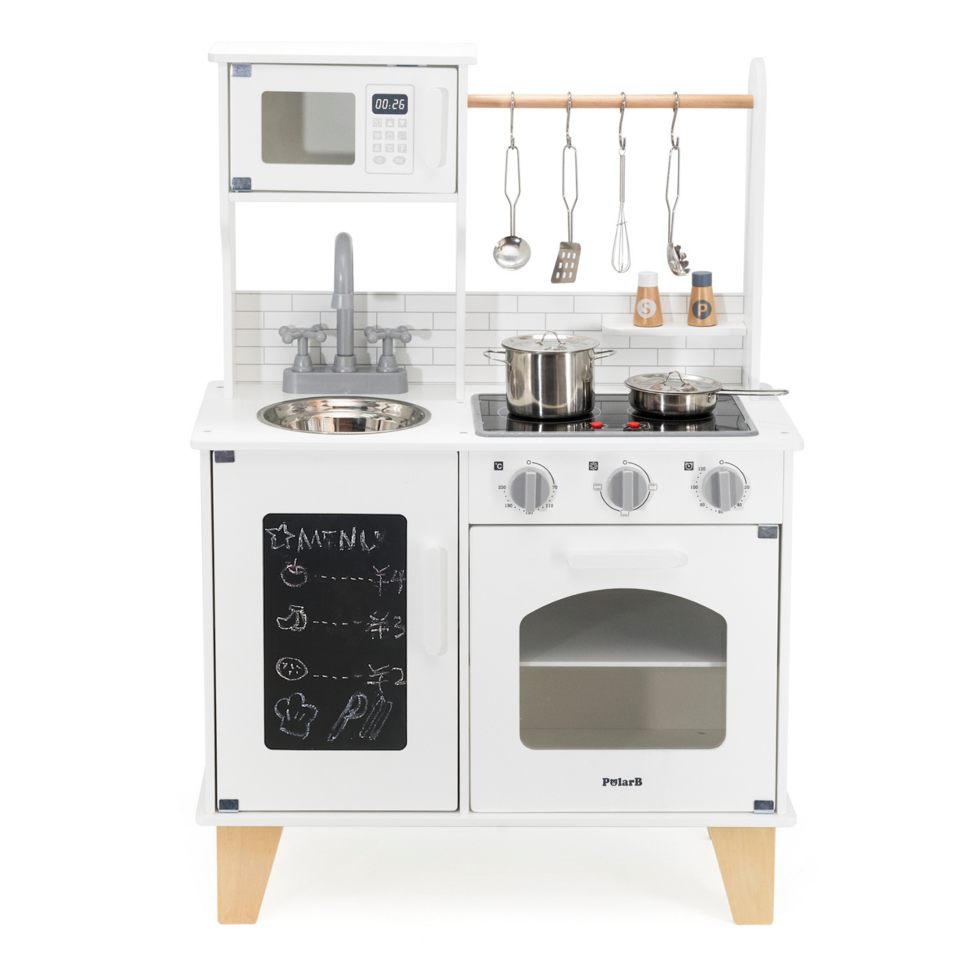 PolarB Little Chef's Kitchen with Light and Sound  Classic White Wooden Roleplay Toy for Ages 3 and Up  Includes Oven, Stove, Microwave, Sink, and Accessories