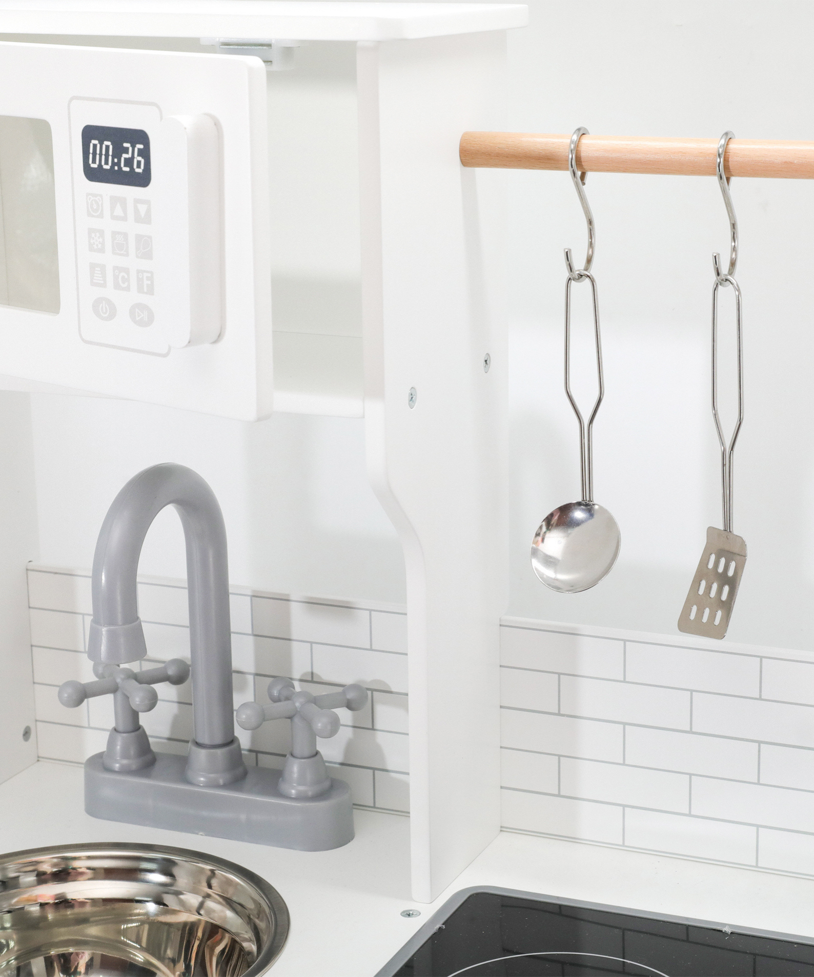 PolarB Little Chef's Kitchen with Light and Sound  Classic White Wooden Roleplay Toy for Ages 3 and Up  Includes Oven, Stove, Microwave, Sink, and Accessories