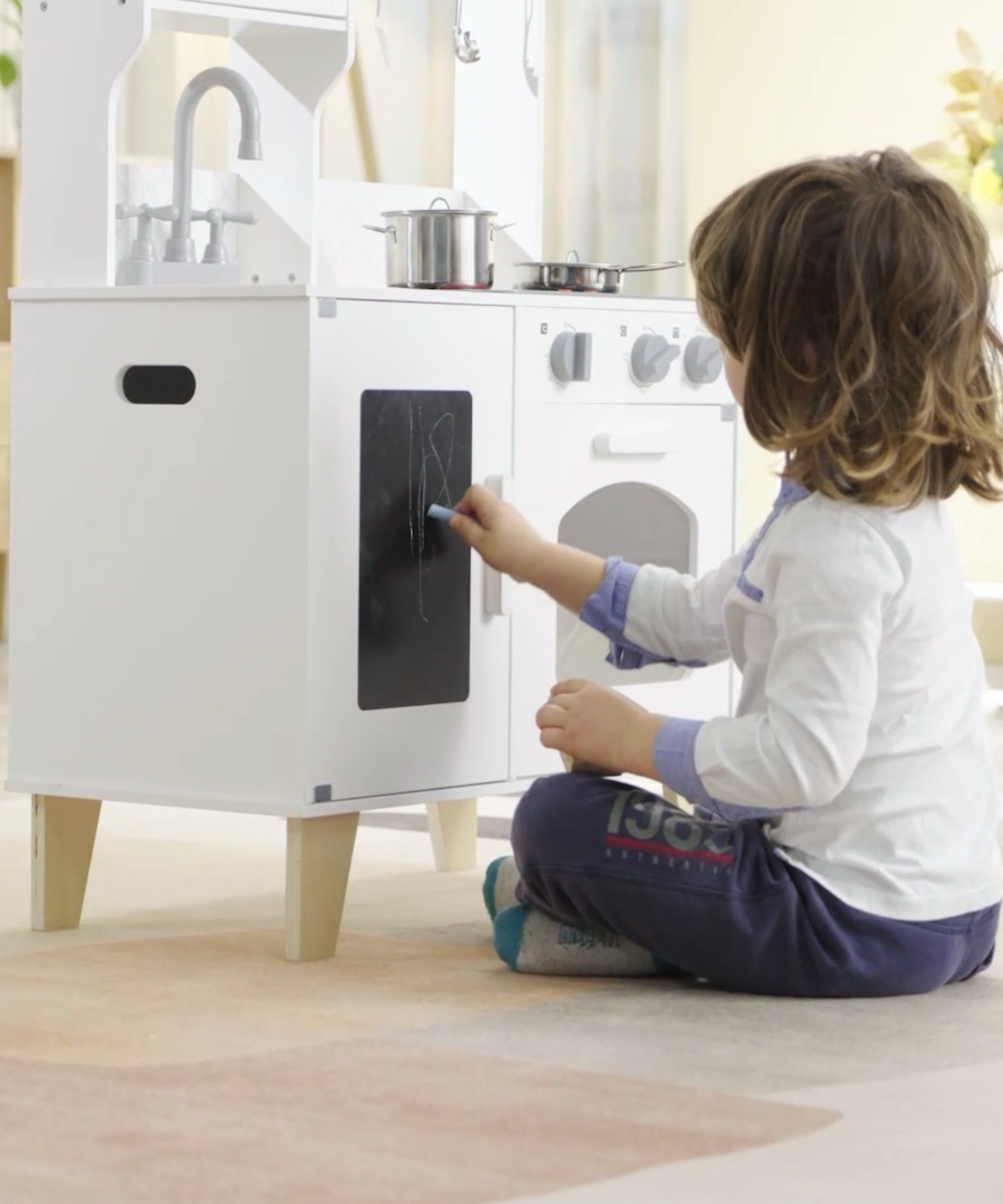 PolarB Little Chef's Kitchen with Light and Sound  Classic White Wooden Roleplay Toy for Ages 3 and Up  Includes Oven, Stove, Microwave, Sink, and Accessories