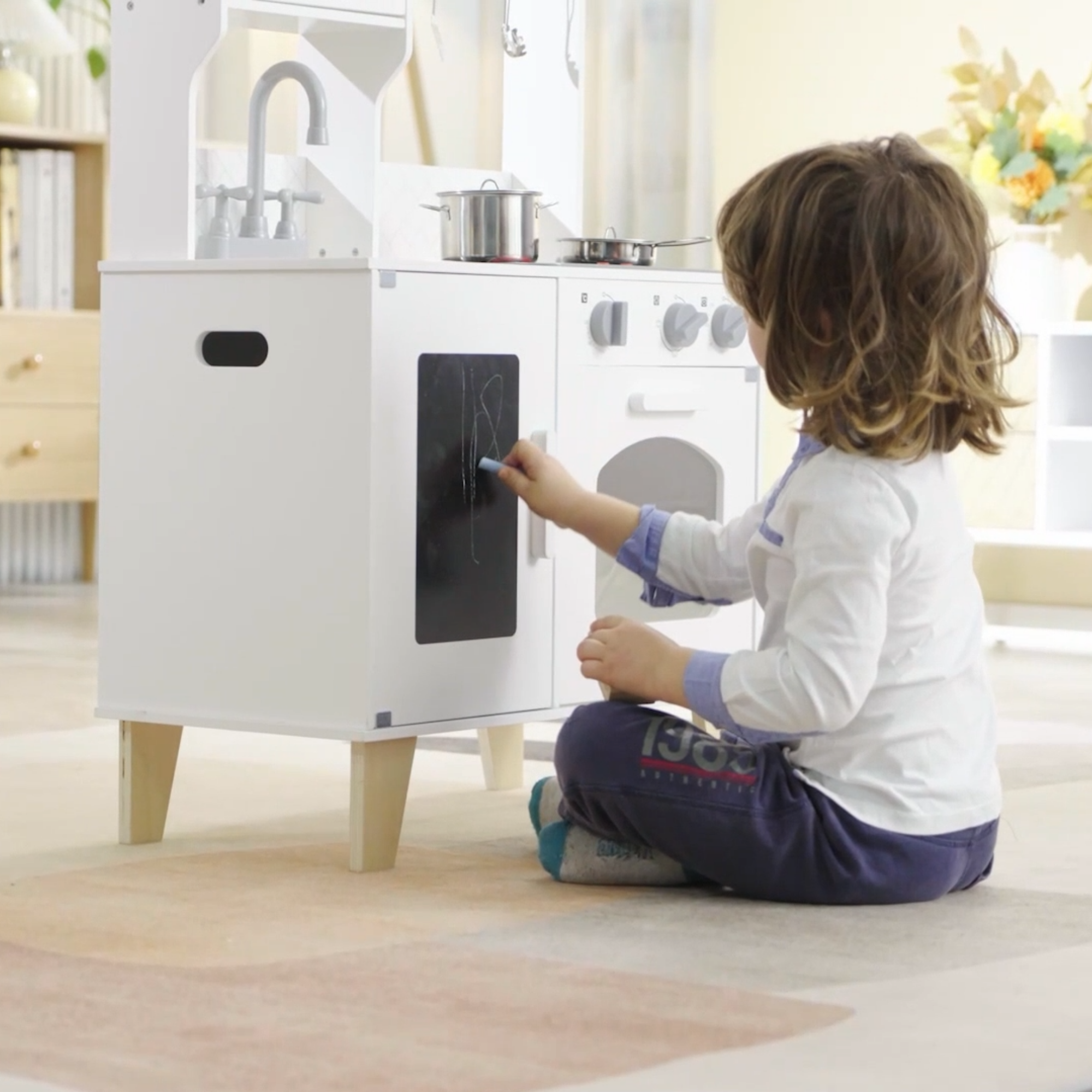 PolarB Little Chef's Kitchen with Light and Sound  Classic White Wooden Roleplay Toy for Ages 3 and Up  Includes Oven, Stove, Microwave, Sink, and Accessories