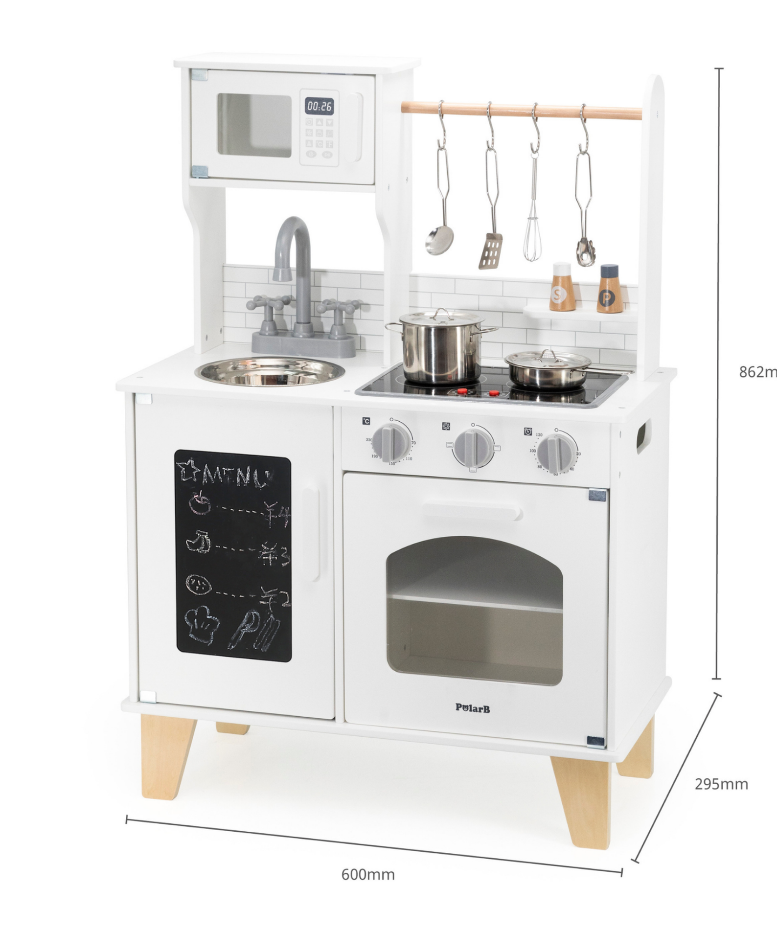 PolarB Little Chef's Kitchen with Light and Sound  Classic White Wooden Roleplay Toy for Ages 3 and Up  Includes Oven, Stove, Microwave, Sink, and Accessories