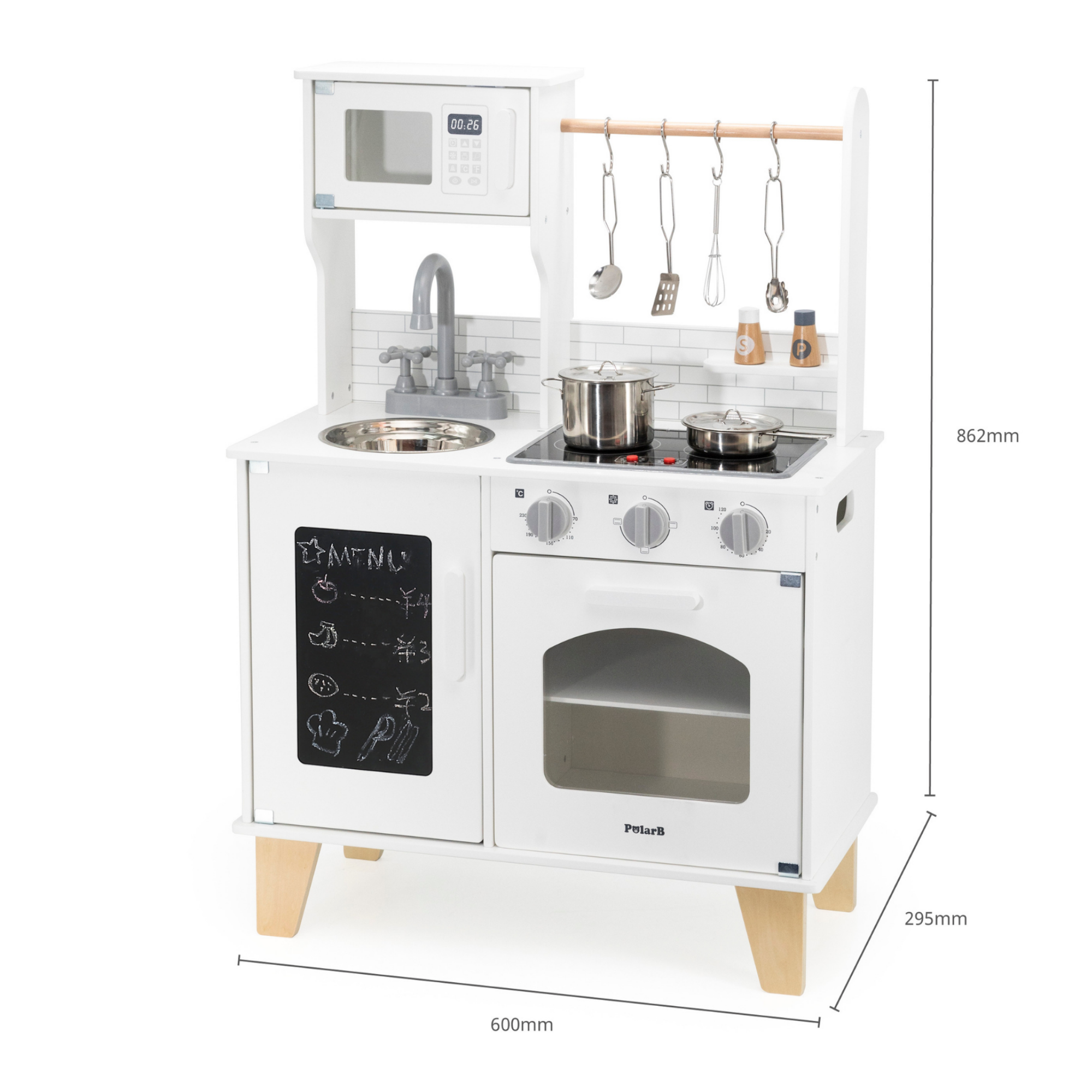 PolarB Little Chef's Kitchen with Light and Sound  Classic White Wooden Roleplay Toy for Ages 3 and Up  Includes Oven, Stove, Microwave, Sink, and Accessories