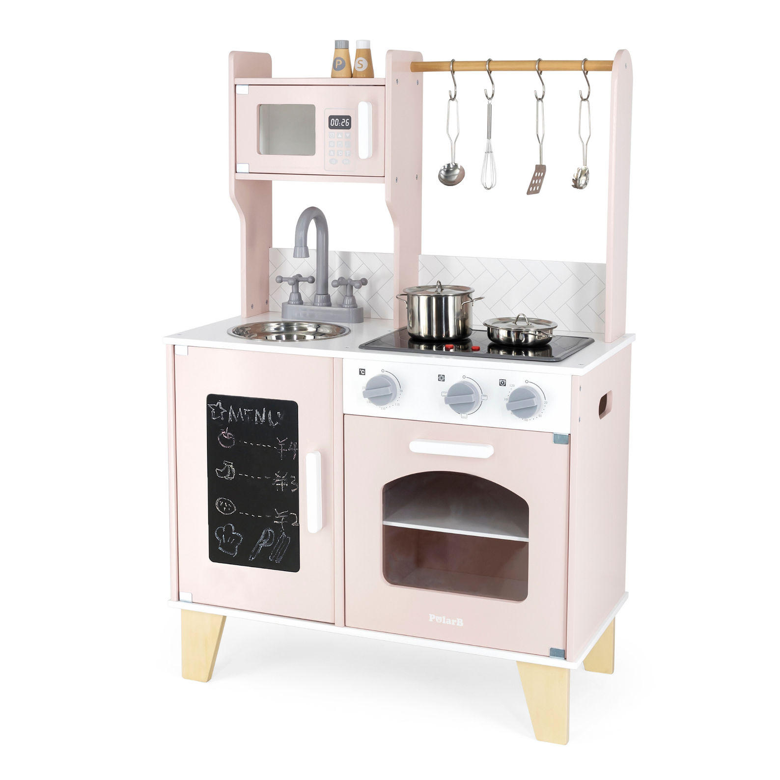 PolarB Little Chef's Kitchen with Light and Sound  Pretty Pink Wooden Roleplay Toy for Ages 3 and Up  Includes Oven, Stove, Microwave, Sink, and Accessories