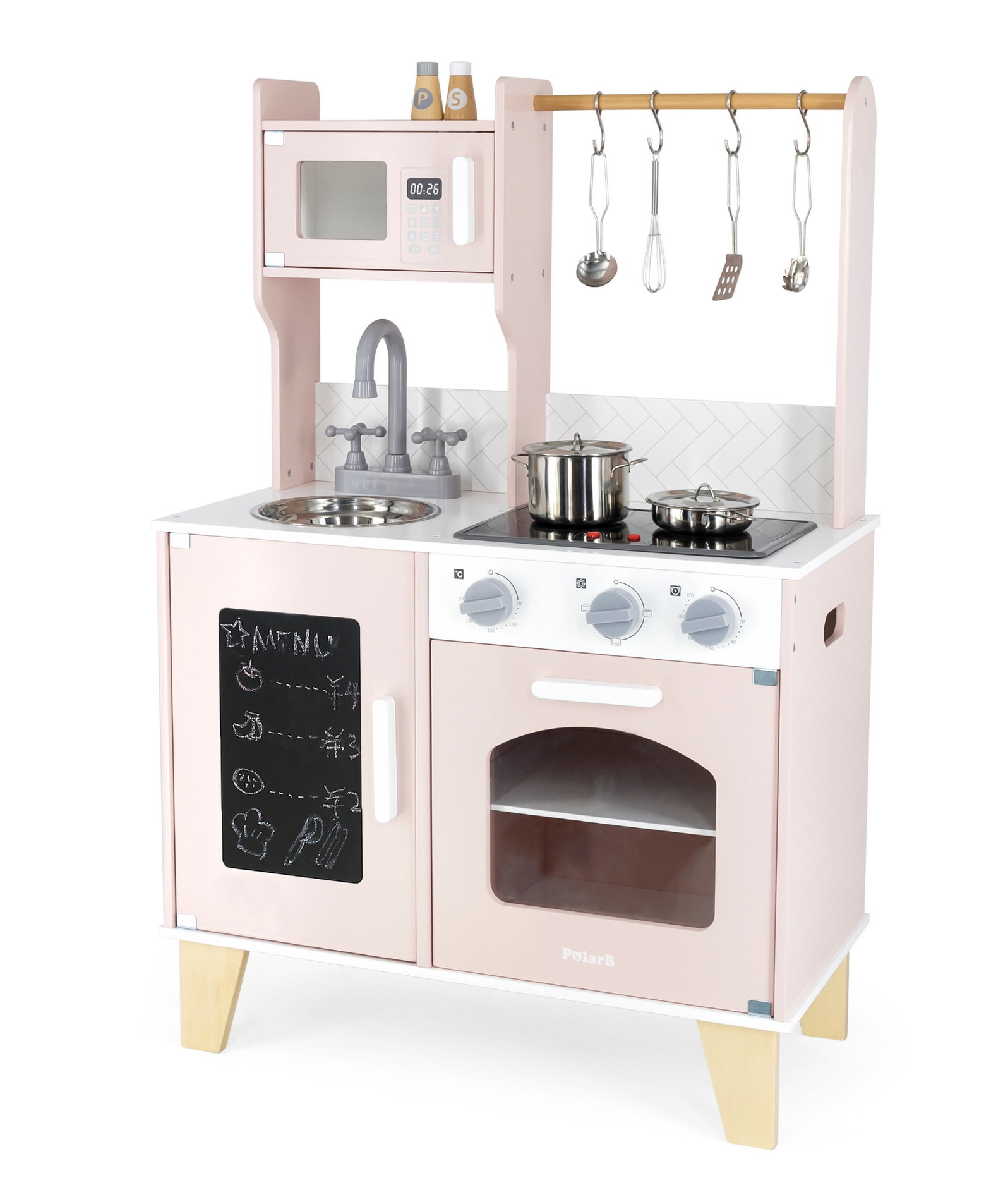 PolarB Little Chef's Kitchen with Light and Sound  Pretty Pink Wooden Roleplay Toy for Ages 3 and Up  Includes Oven, Stove, Microwave, Sink, and Accessories