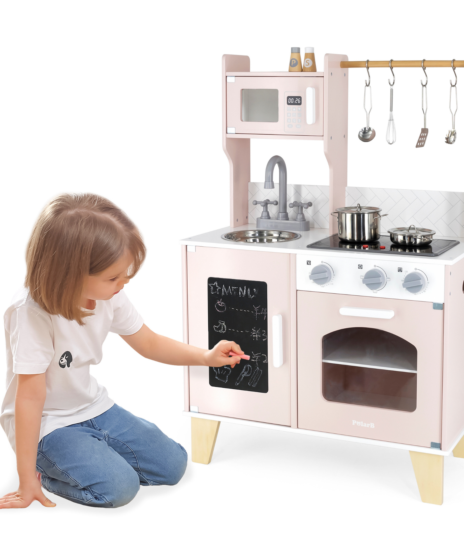 PolarB Little Chef's Kitchen with Light and Sound  Pretty Pink Wooden Roleplay Toy for Ages 3 and Up  Includes Oven, Stove, Microwave, Sink, and Accessories