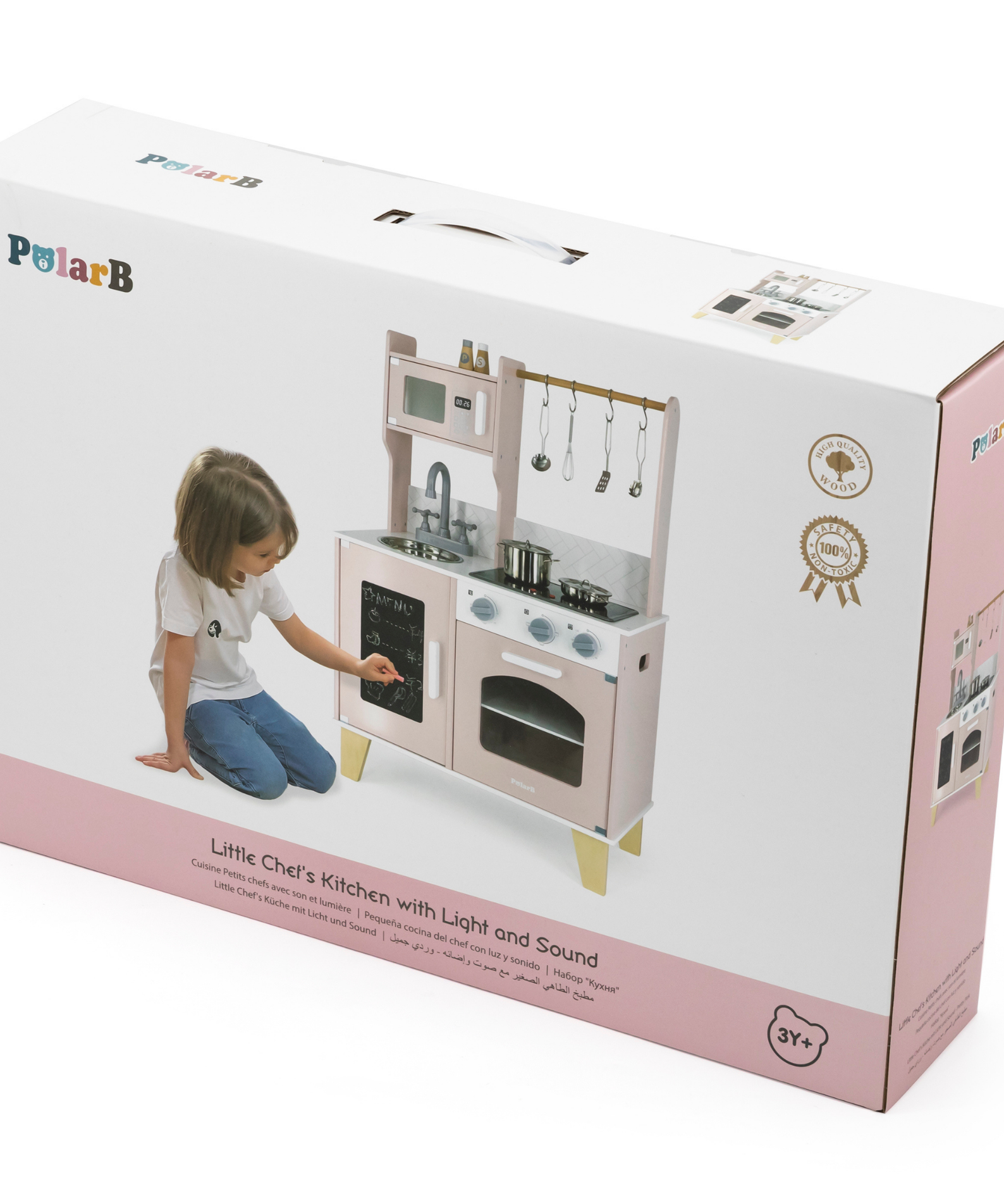 PolarB Little Chef's Kitchen with Light and Sound  Pretty Pink Wooden Roleplay Toy for Ages 3 and Up  Includes Oven, Stove, Microwave, Sink, and Accessories