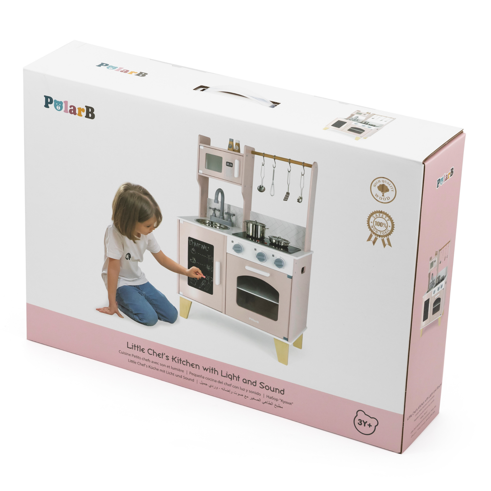 PolarB Little Chef's Kitchen with Light and Sound  Pretty Pink Wooden Roleplay Toy for Ages 3 and Up  Includes Oven, Stove, Microwave, Sink, and Accessories