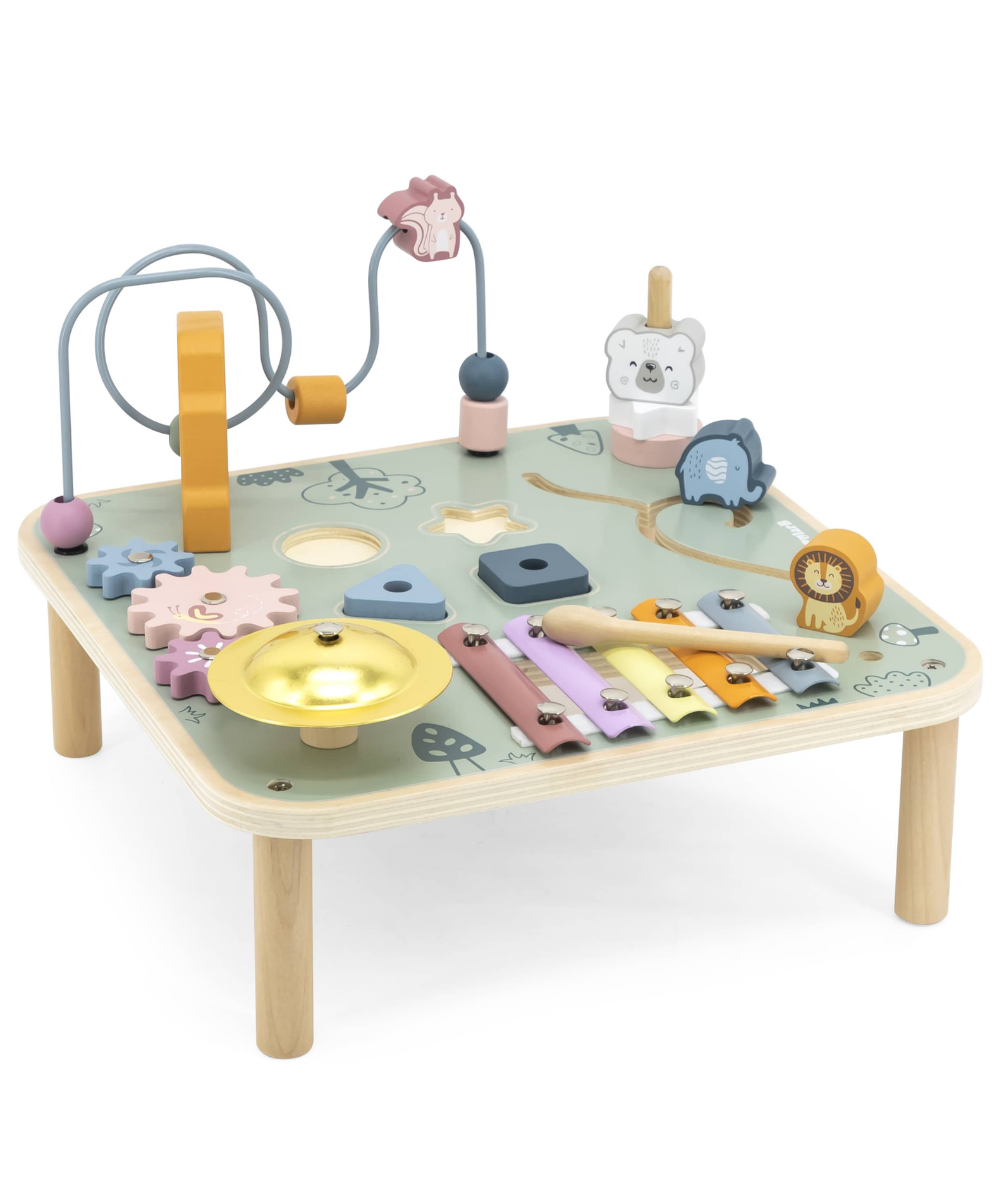 PolarB Wooden Activity Table for Kids Age 3 and Up, Durable Educational Toy with Gears, Beads, Blocks, Xylophone and More