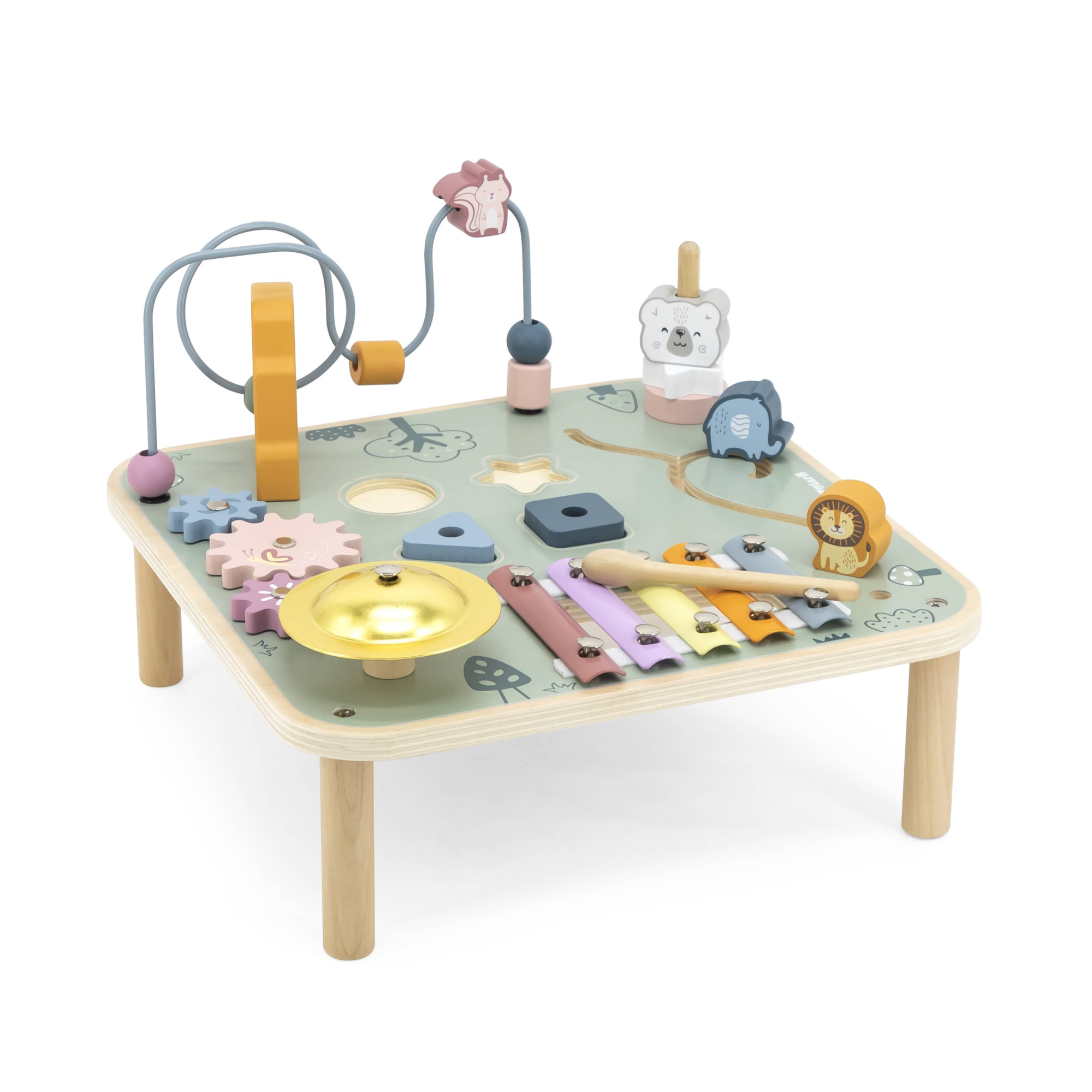 PolarB Wooden Activity Table for Kids Age 3 and Up, Durable Educational Toy with Gears, Beads, Blocks, Xylophone and More