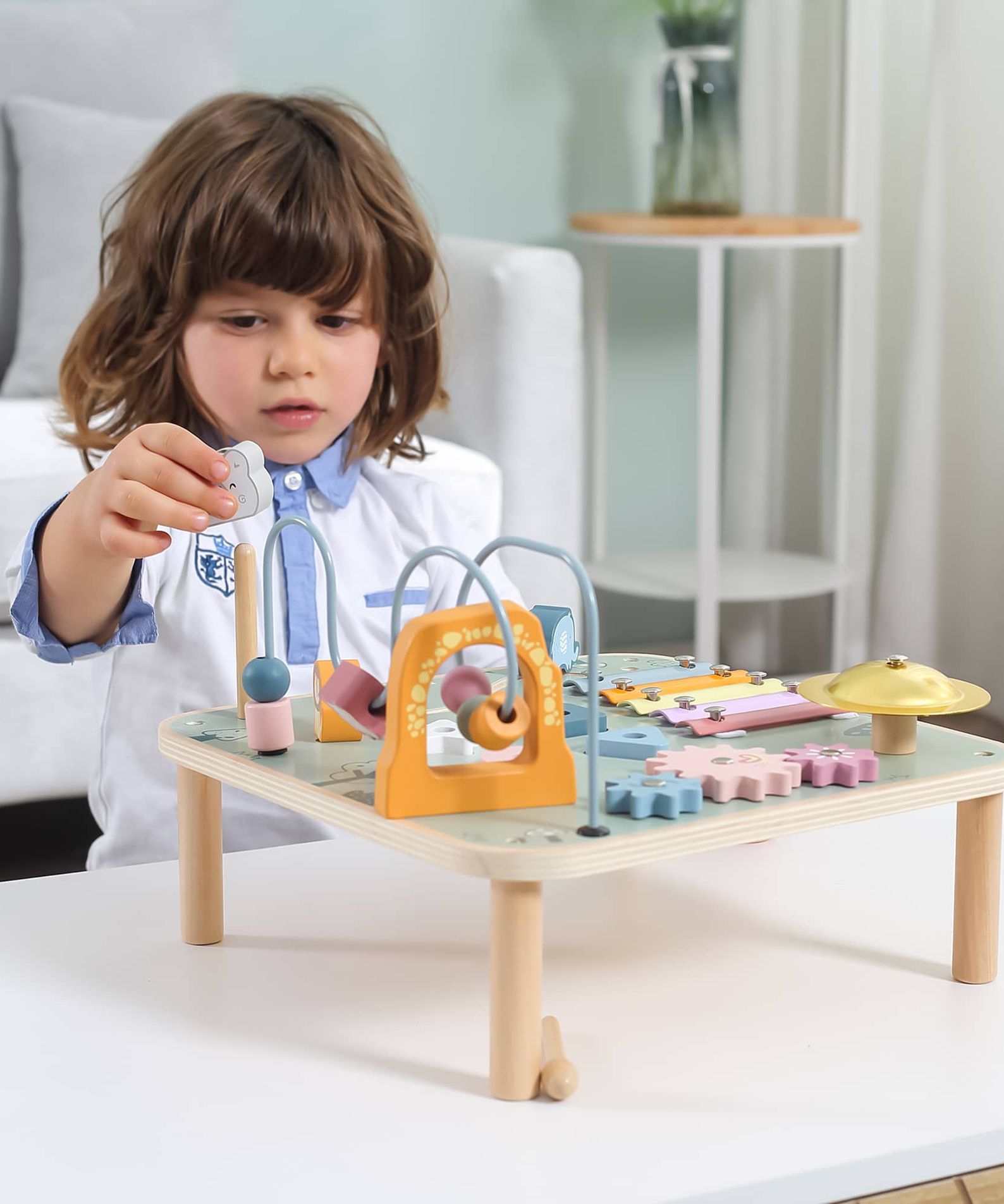 PolarB Wooden Activity Table for Kids Age 3 and Up, Durable Educational Toy with Gears, Beads, Blocks, Xylophone and More