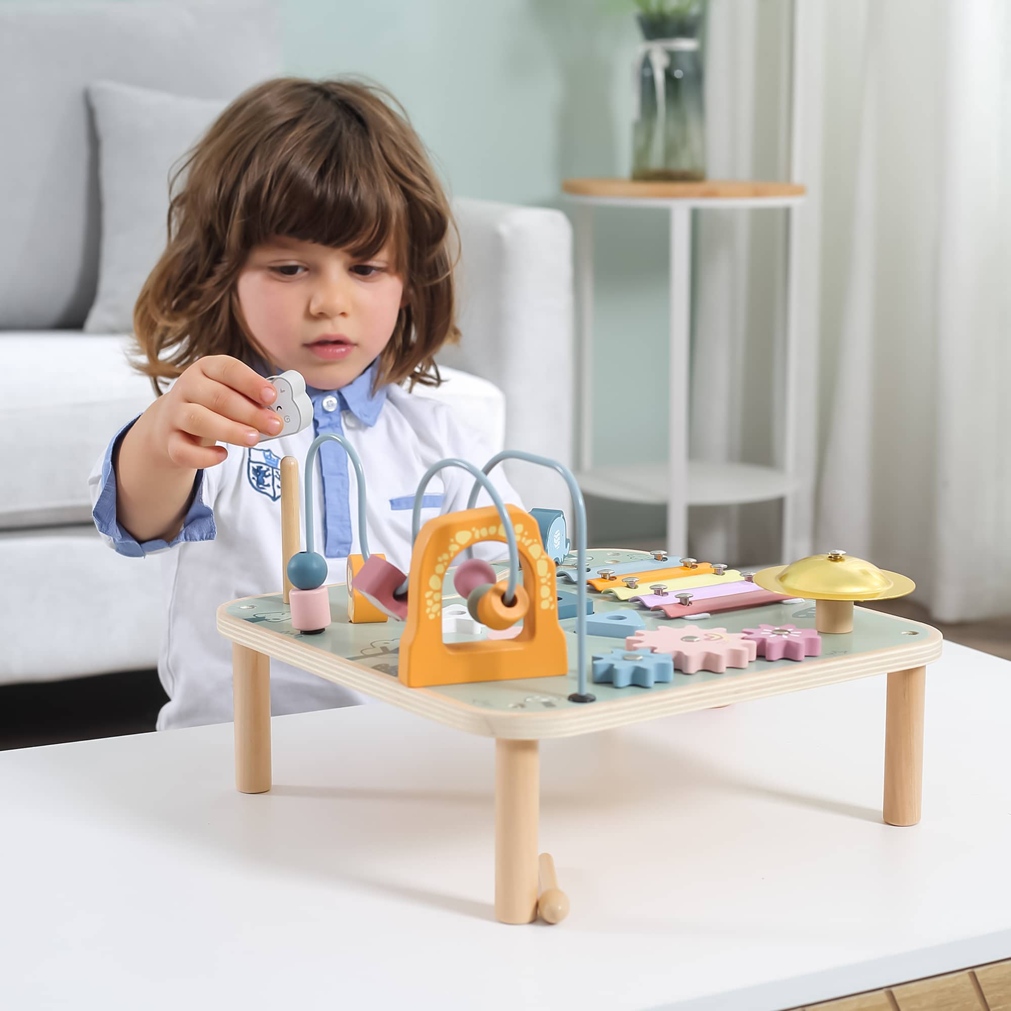 PolarB Wooden Activity Table for Kids Age 3 and Up, Durable Educational Toy with Gears, Beads, Blocks, Xylophone and More
