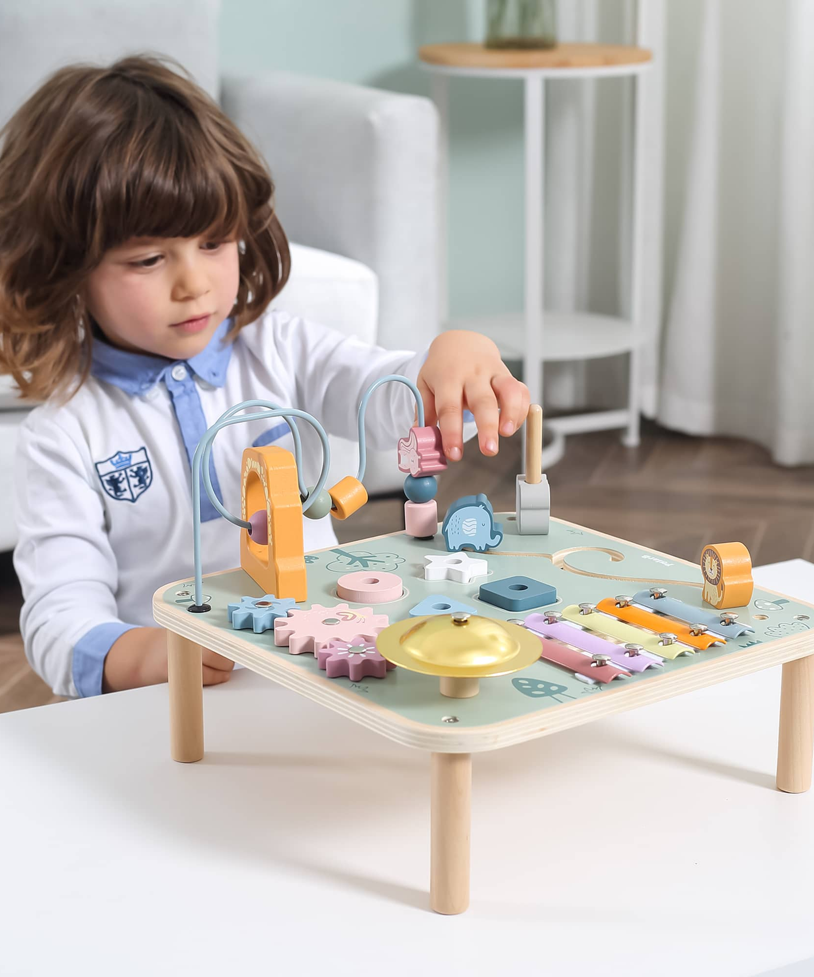 PolarB Wooden Activity Table for Kids Age 3 and Up, Durable Educational Toy with Gears, Beads, Blocks, Xylophone and More