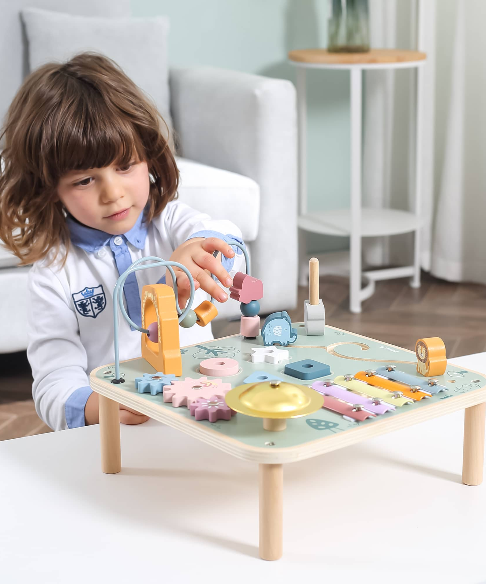 PolarB Wooden Activity Table for Kids Age 3 and Up, Durable Educational Toy with Gears, Beads, Blocks, Xylophone and More