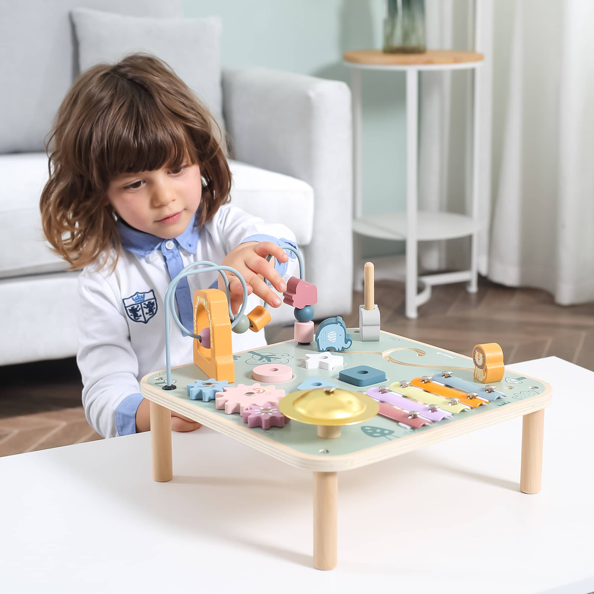 PolarB Wooden Activity Table for Kids Age 3 and Up, Durable Educational Toy with Gears, Beads, Blocks, Xylophone and More