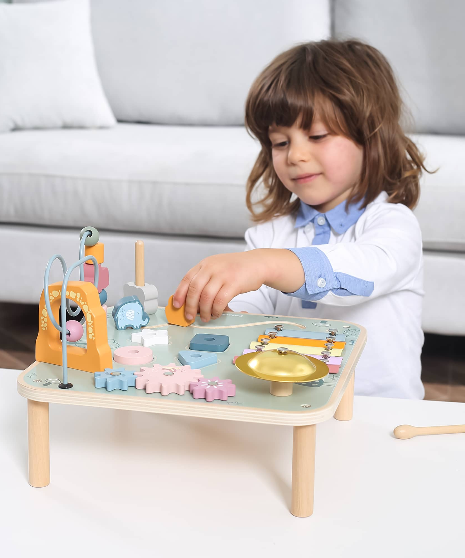PolarB Wooden Activity Table for Kids Age 3 and Up, Durable Educational Toy with Gears, Beads, Blocks, Xylophone and More