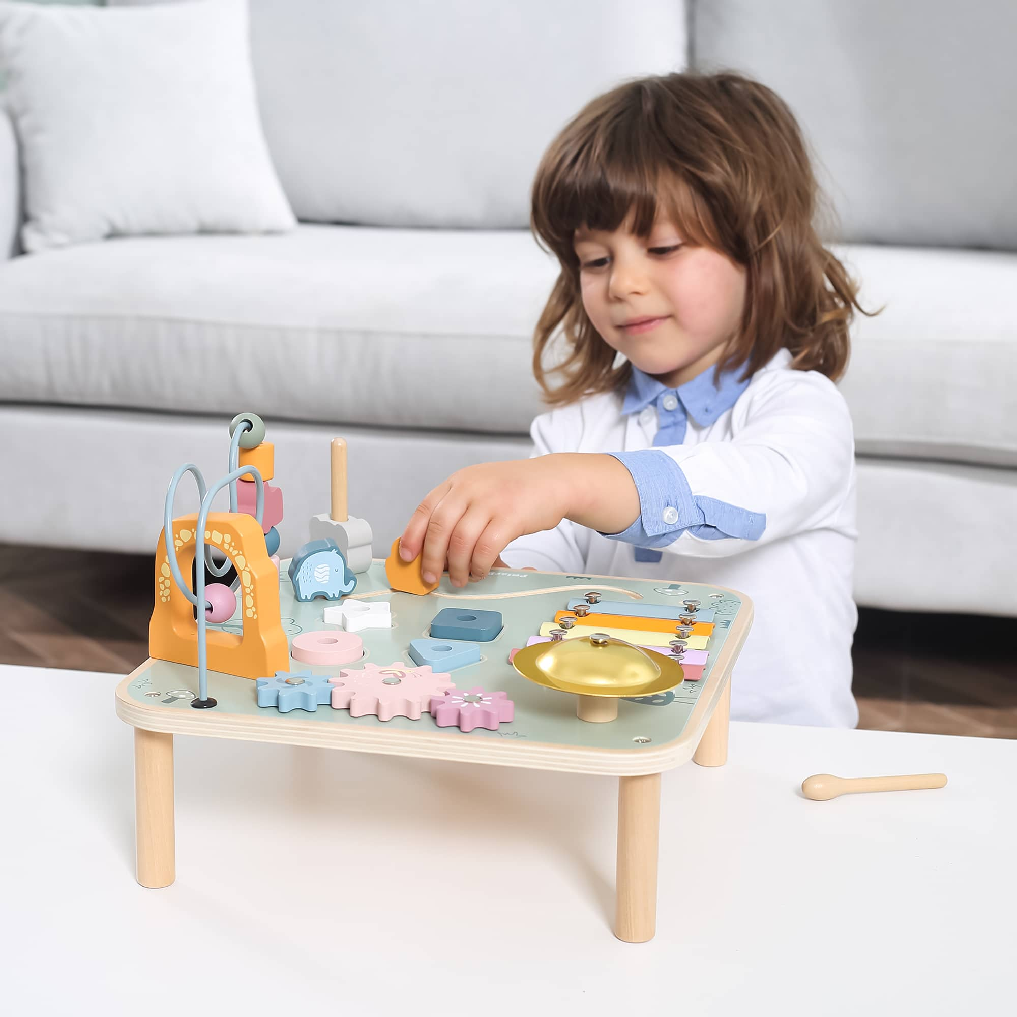 PolarB Wooden Activity Table for Kids Age 3 and Up, Durable Educational Toy with Gears, Beads, Blocks, Xylophone and More