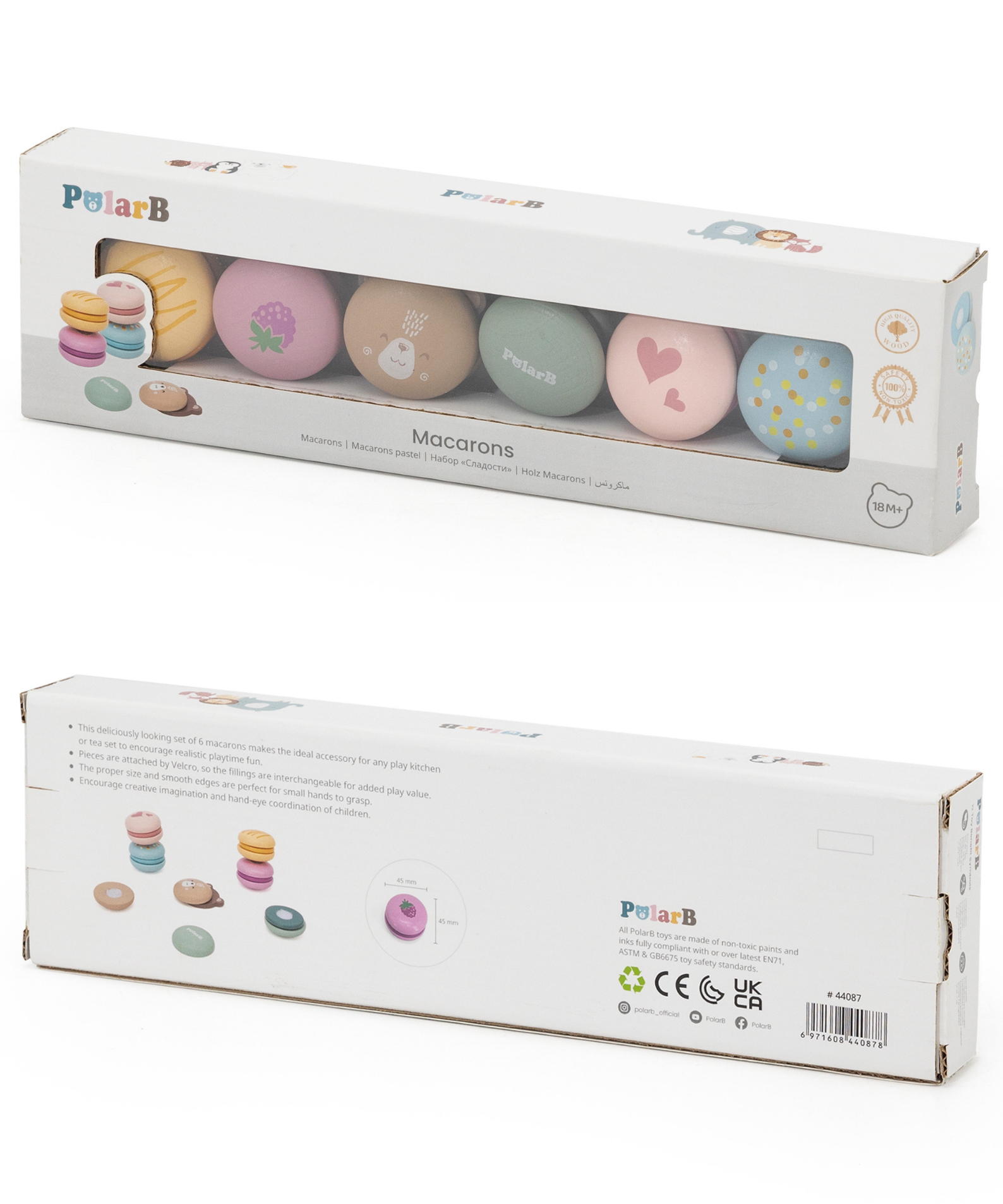 PolarB Wooden Macarons Play Set, 6-Piece Pretend Food Toy for Kids, Safe, Colorful and Imaginative Role Play for Toddlers and Preschoolers Ages 2 and Up