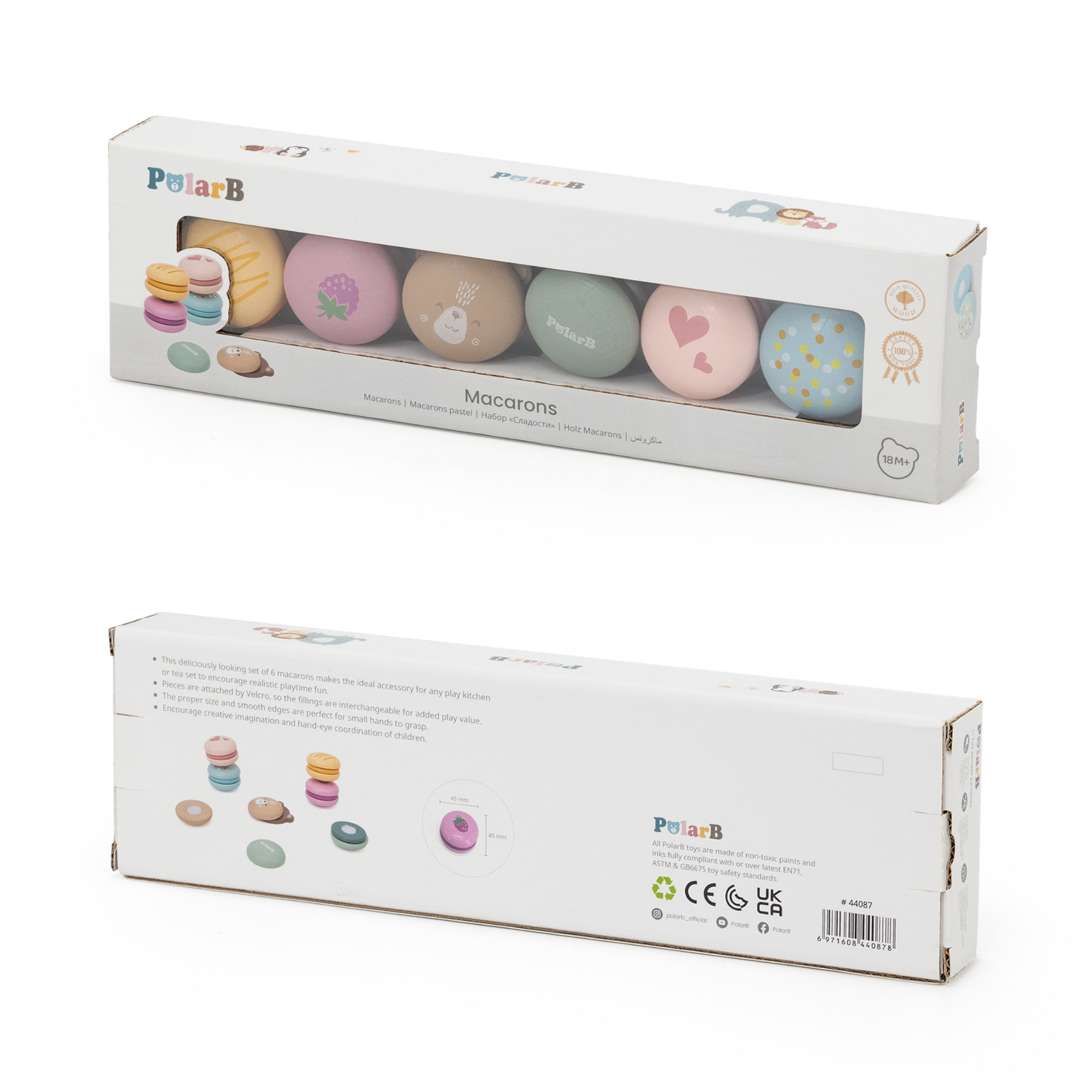 PolarB Wooden Macarons Play Set, 6-Piece Pretend Food Toy for Kids, Safe, Colorful and Imaginative Role Play for Toddlers and Preschoolers Ages 2 and Up