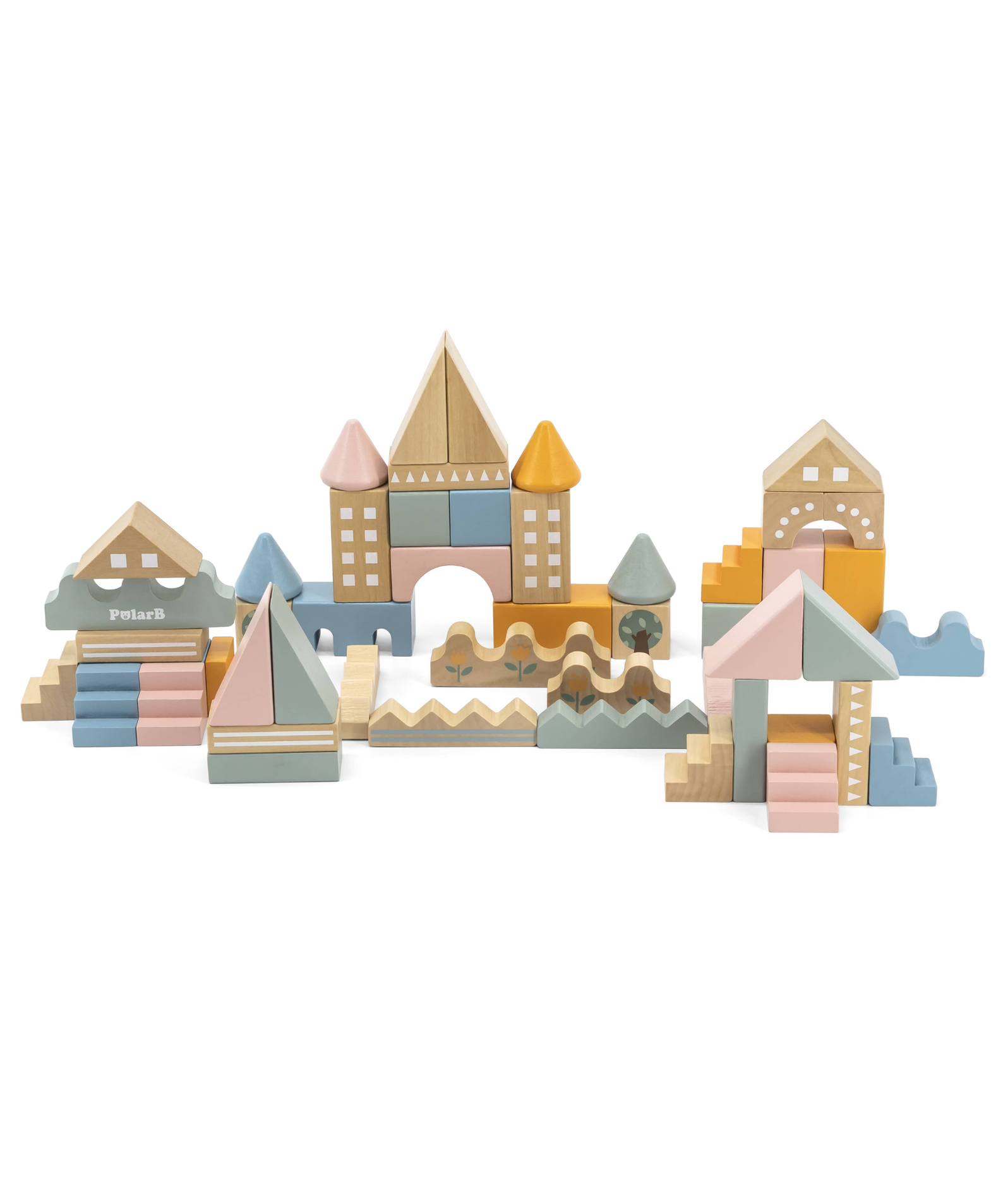 PolarB City Building Blocks Set for Toddlers, 60-Piece Wooden Construction Toy with Vehicles and Accessories, Educational and Imaginative Play for Ages 2 and Up